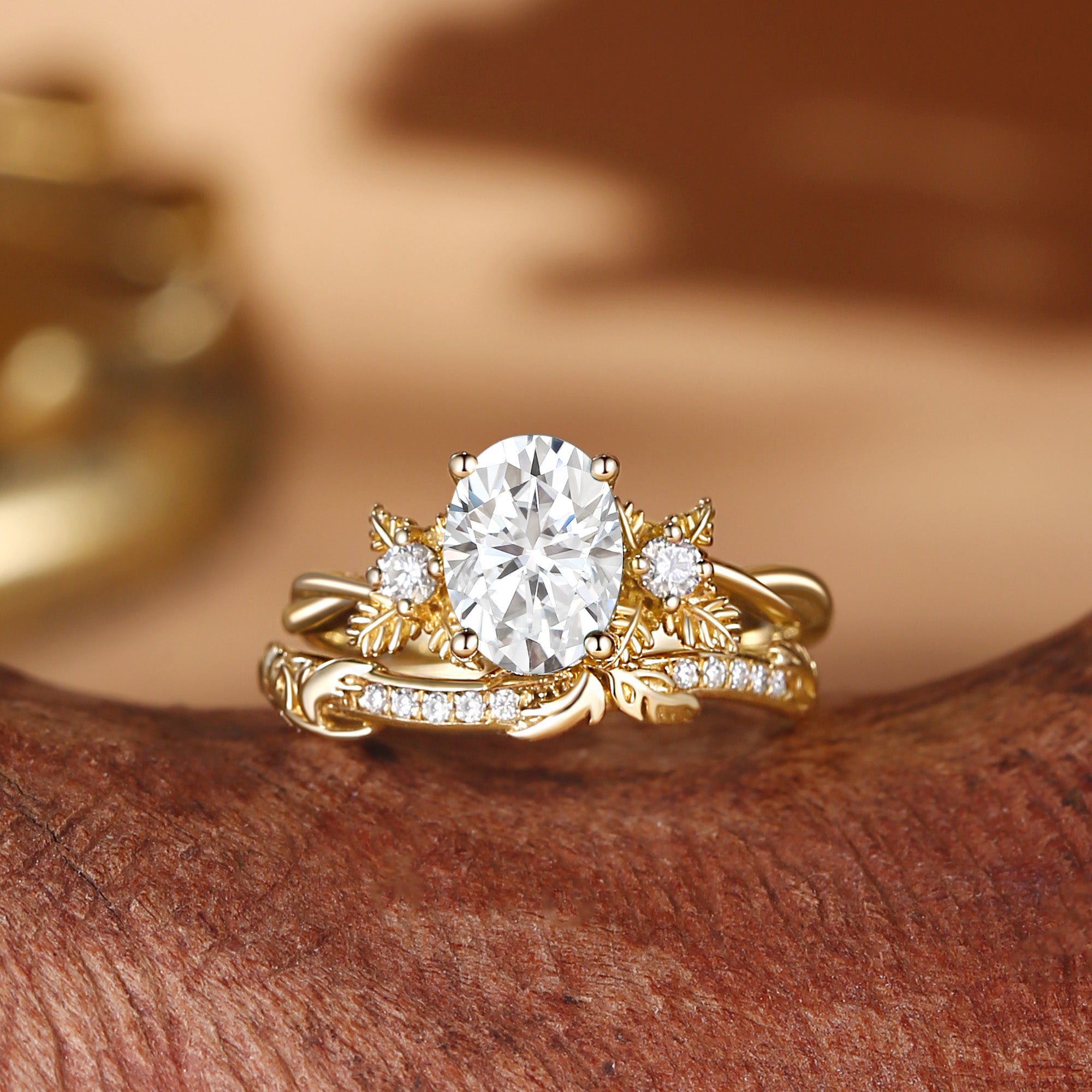 Flora - Oval Cut Moissanite Leafy Flower Engagement Ring Set 2pcs