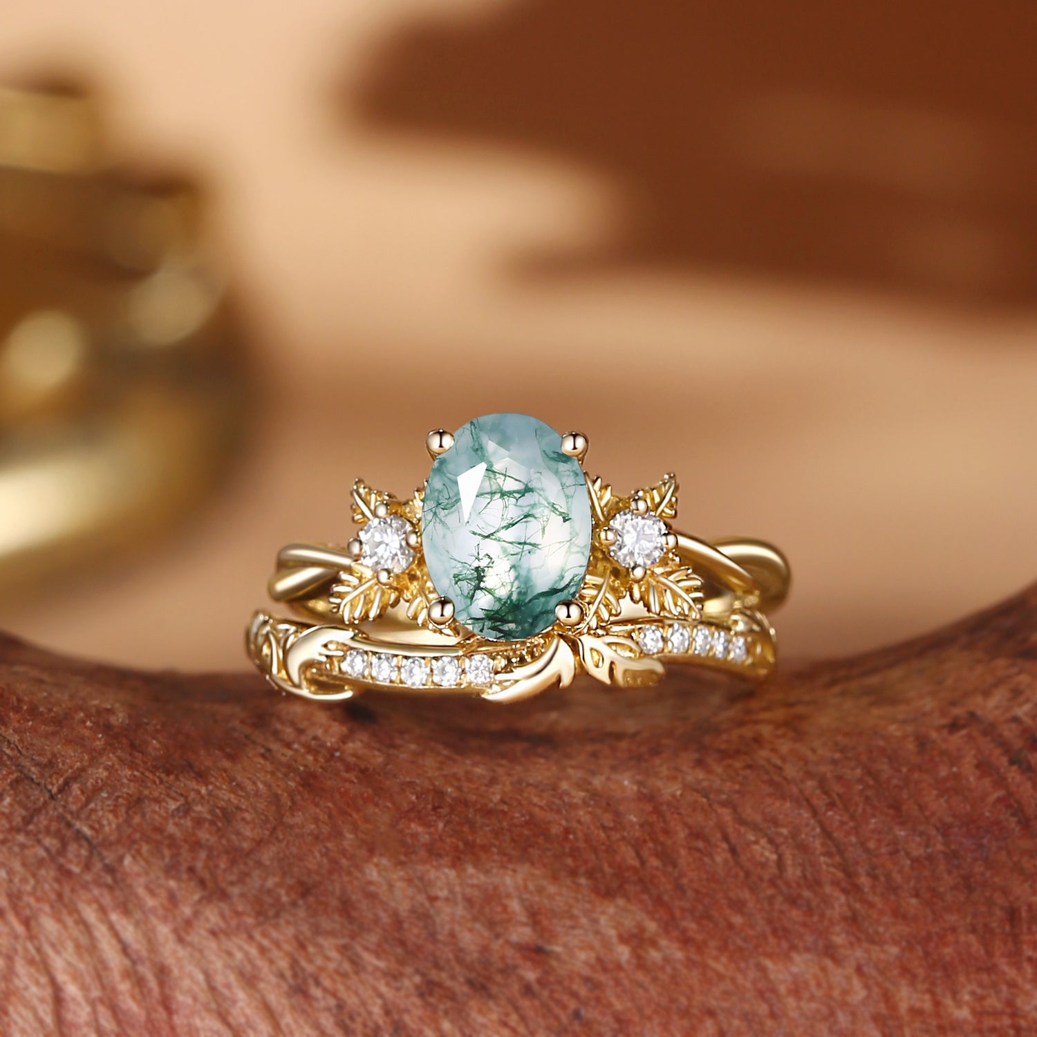 Flora - Oval Cut Moss Agate Leafy Flower Engagement Ring Set 2pcs