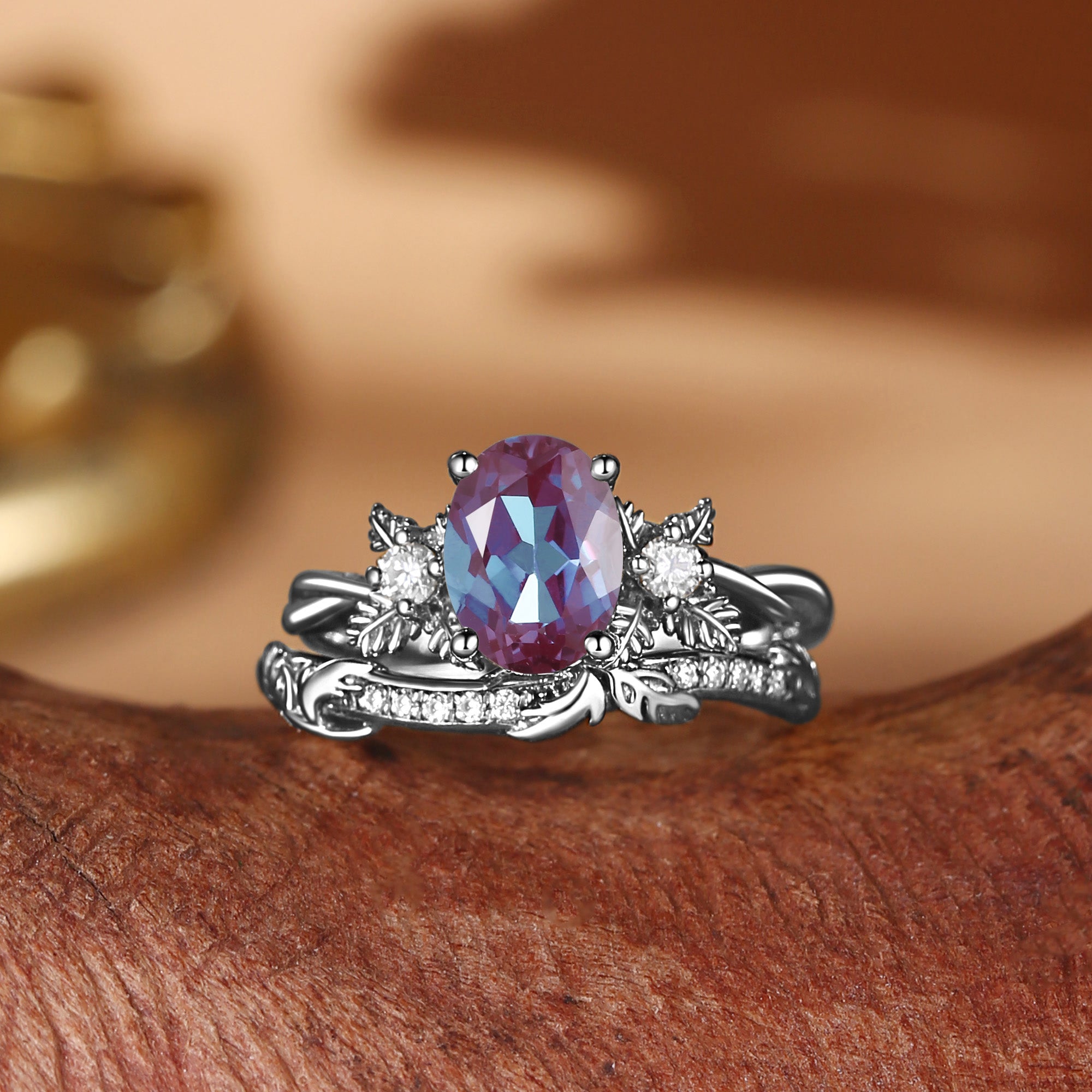 Flora - Oval Cut Alexandrite Leafy Flower Engagement Ring Set 2pcs