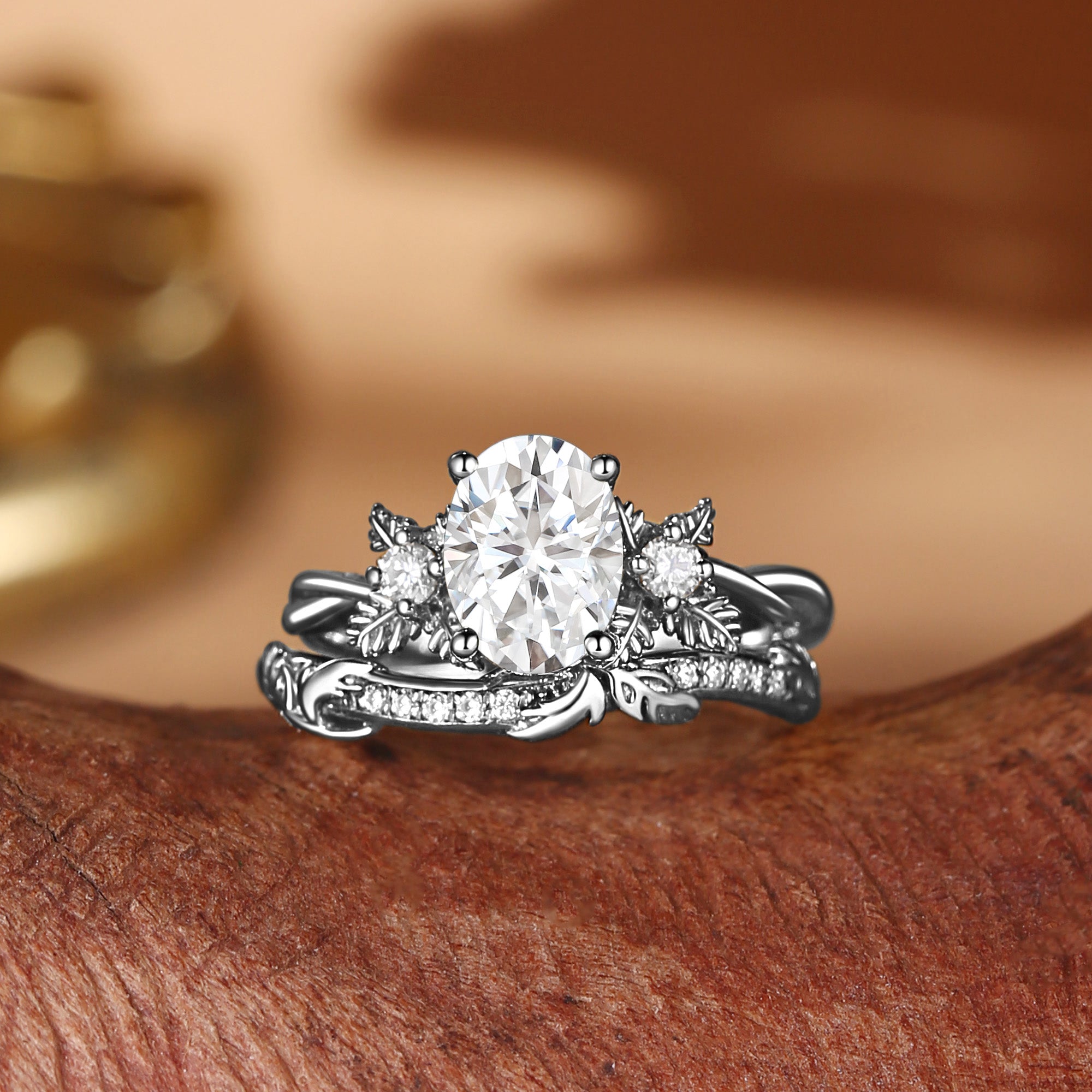 Flora - Oval Cut Moissanite Leafy Flower Engagement Ring Set 2pcs