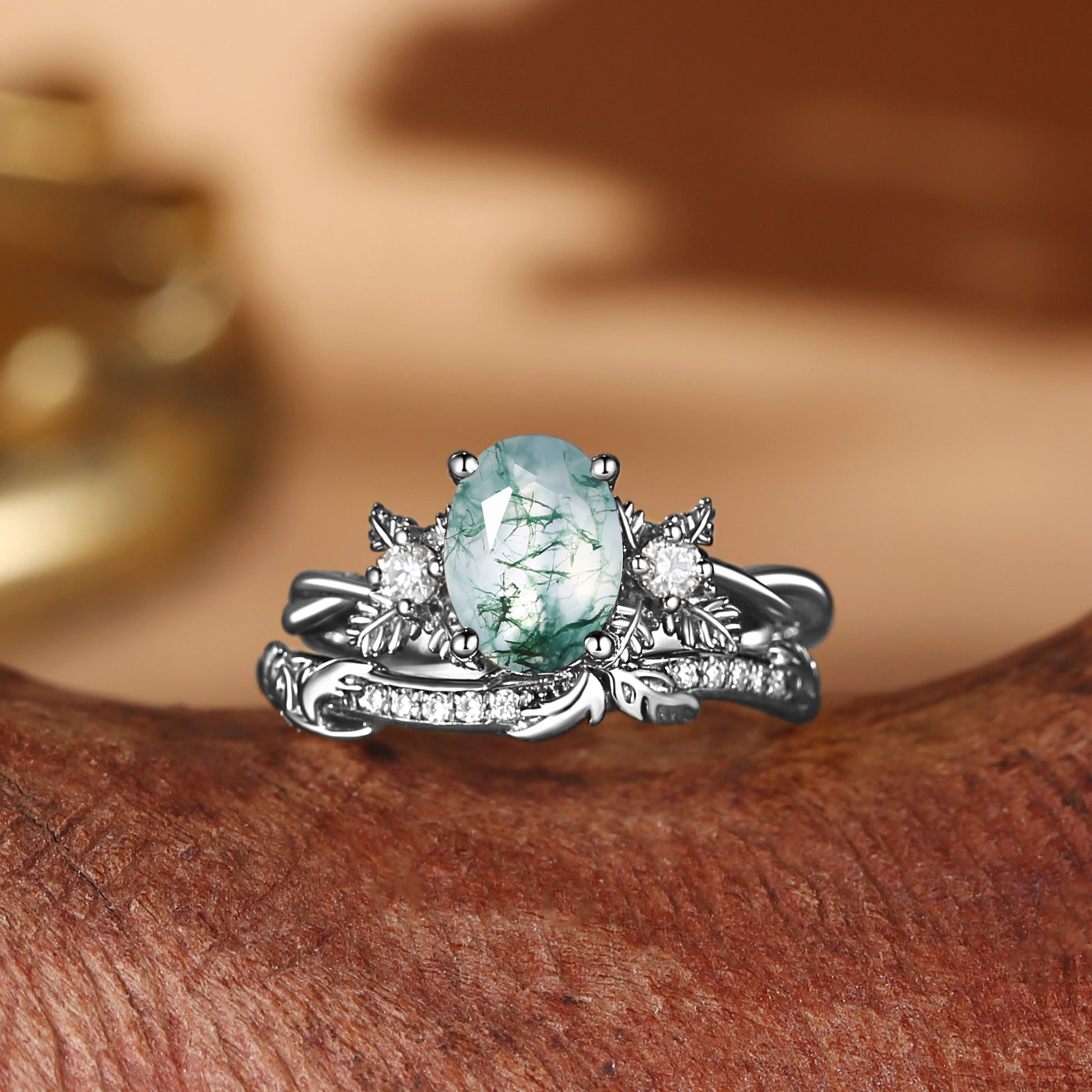 Flora - Oval Cut Moss Agate Leafy Flower Engagement Ring Set 2pcs