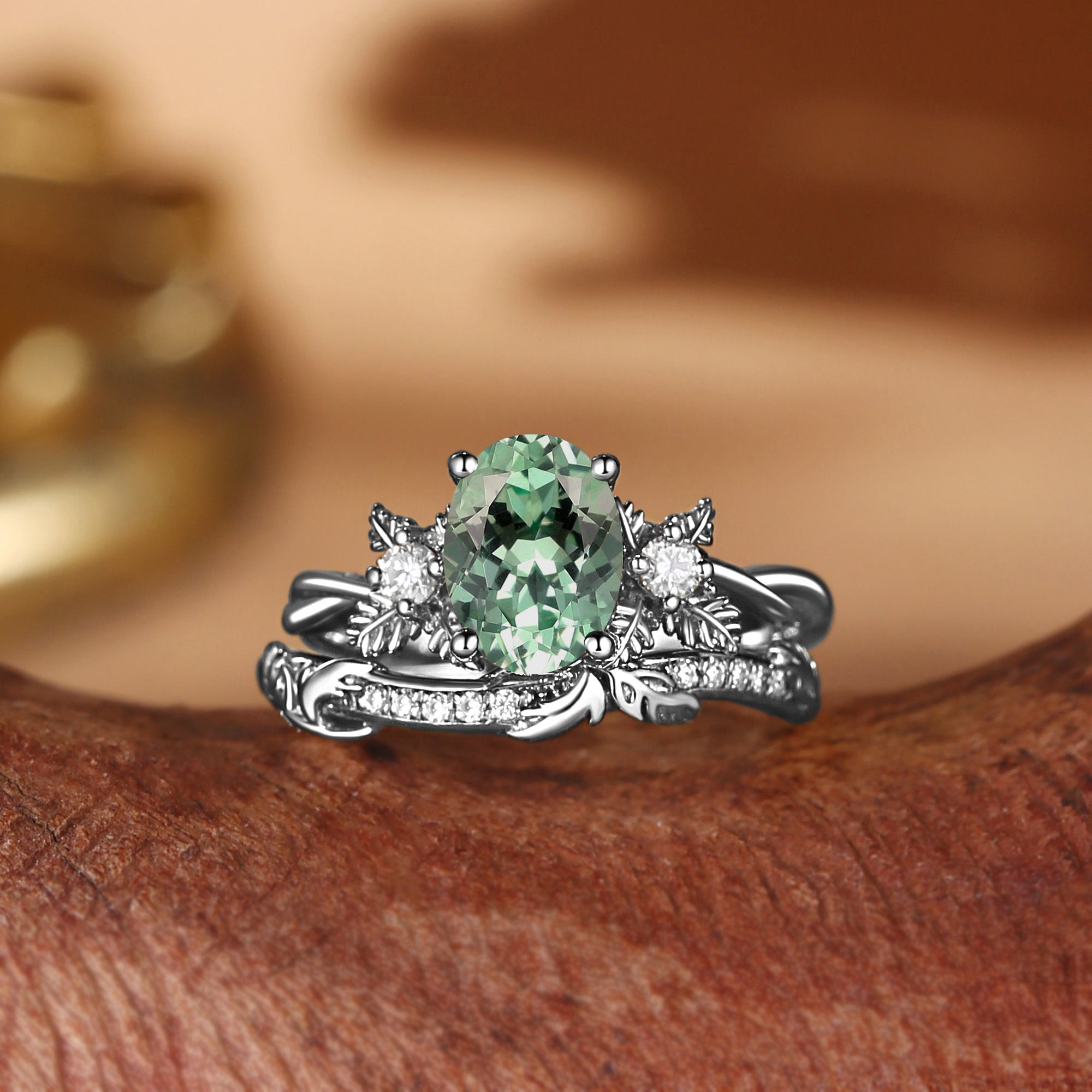 Flora - Oval Cut Mint Green Sapphire Mint Leafy Engagement Ring Set 2pcs