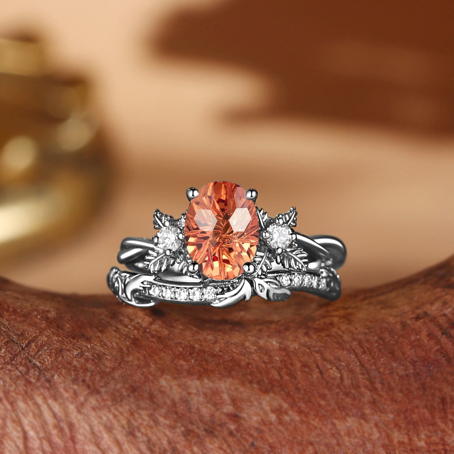 Flora - Oval Firework Cut Orange Sapphire Leafy Flower Engagement Ring Set 2pcs