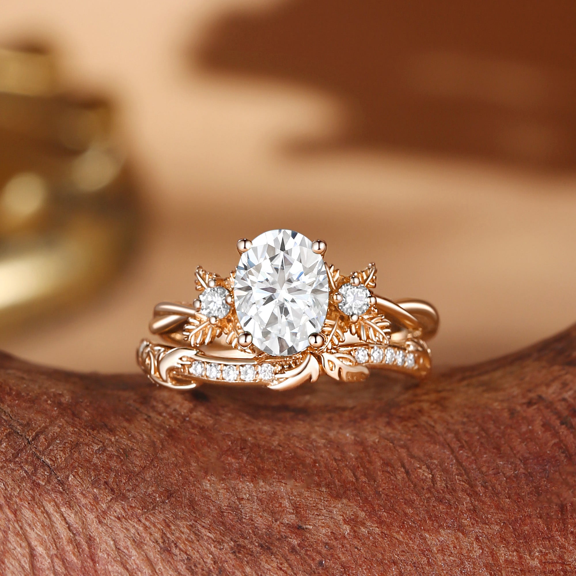 Flora - Oval Cut Moissanite Leafy Flower Engagement Ring Set 2pcs