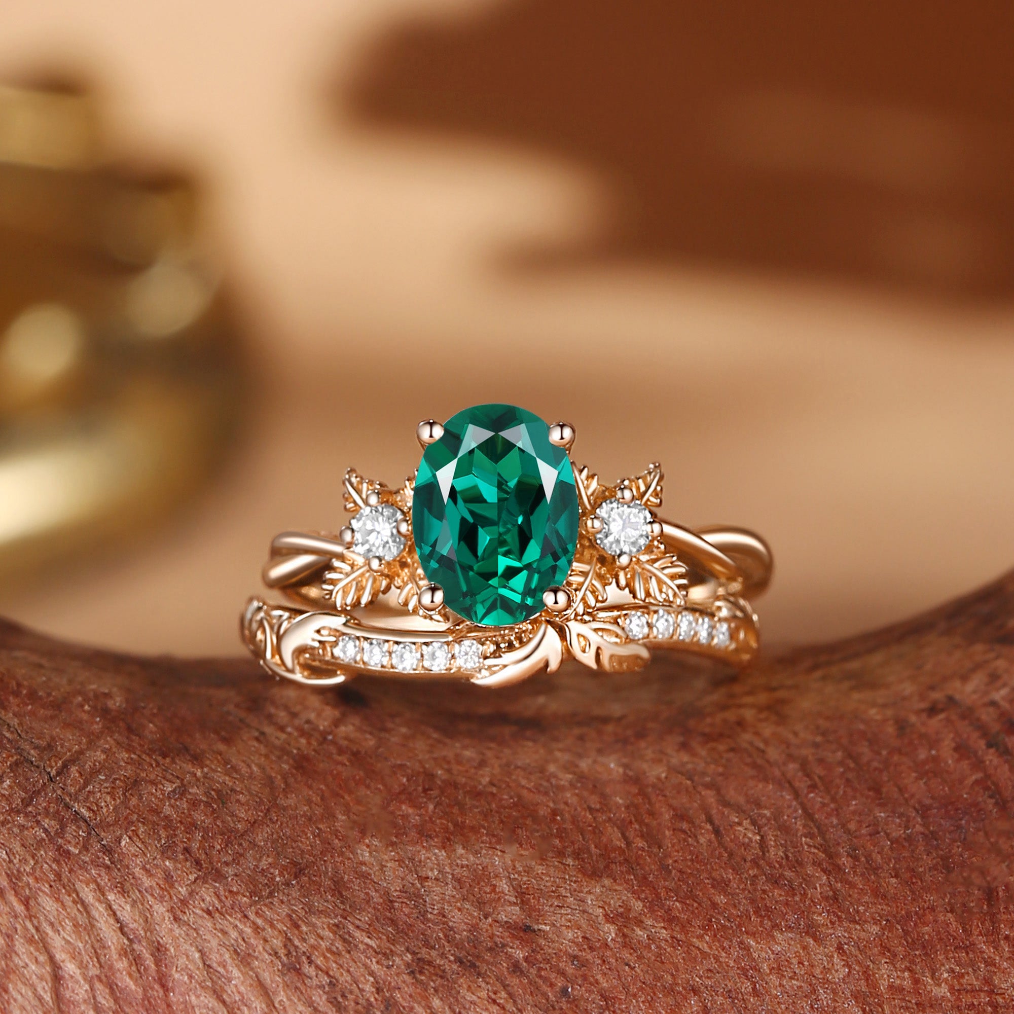 Flora - Oval Cut Lab Emerald Leafy Flower Engagement Ring Set 2pcs