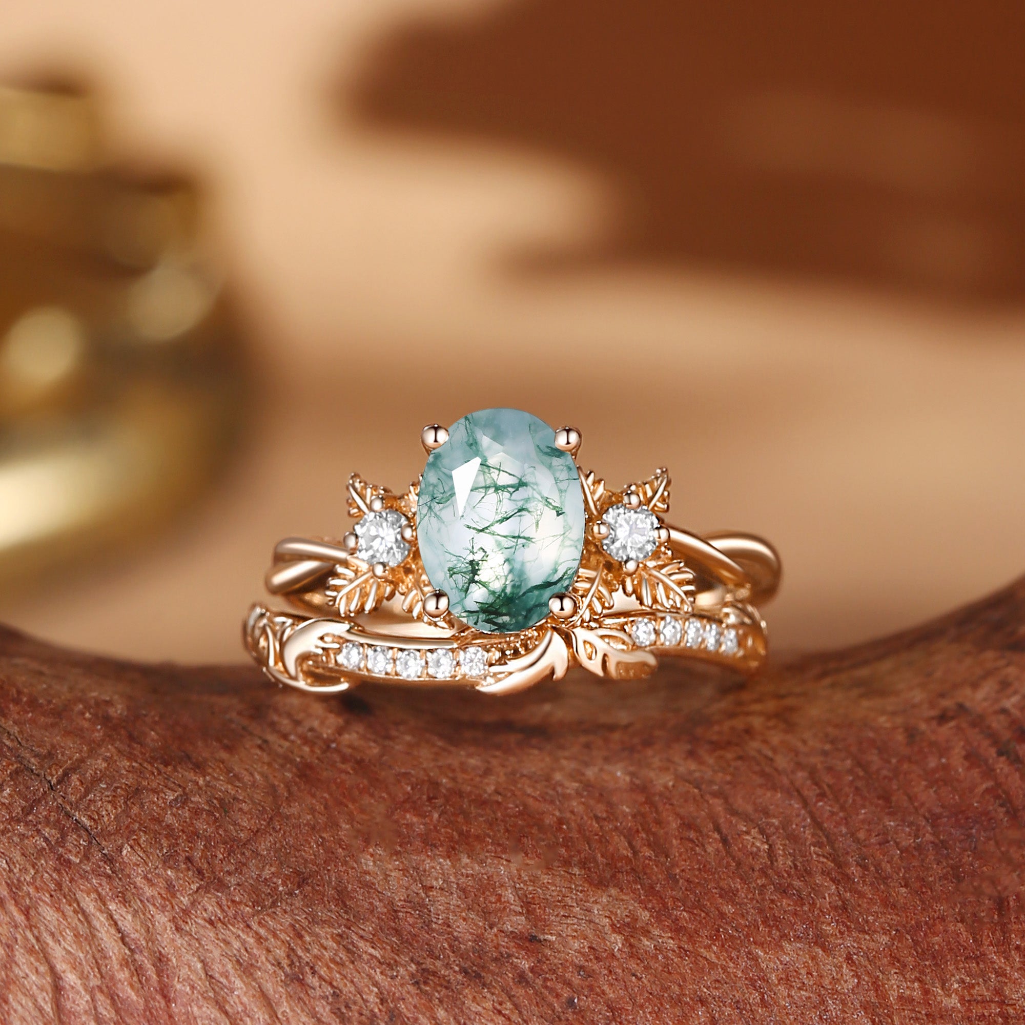 Flora - Oval Cut Moss Agate Leafy Flower Engagement Ring Set 2pcs