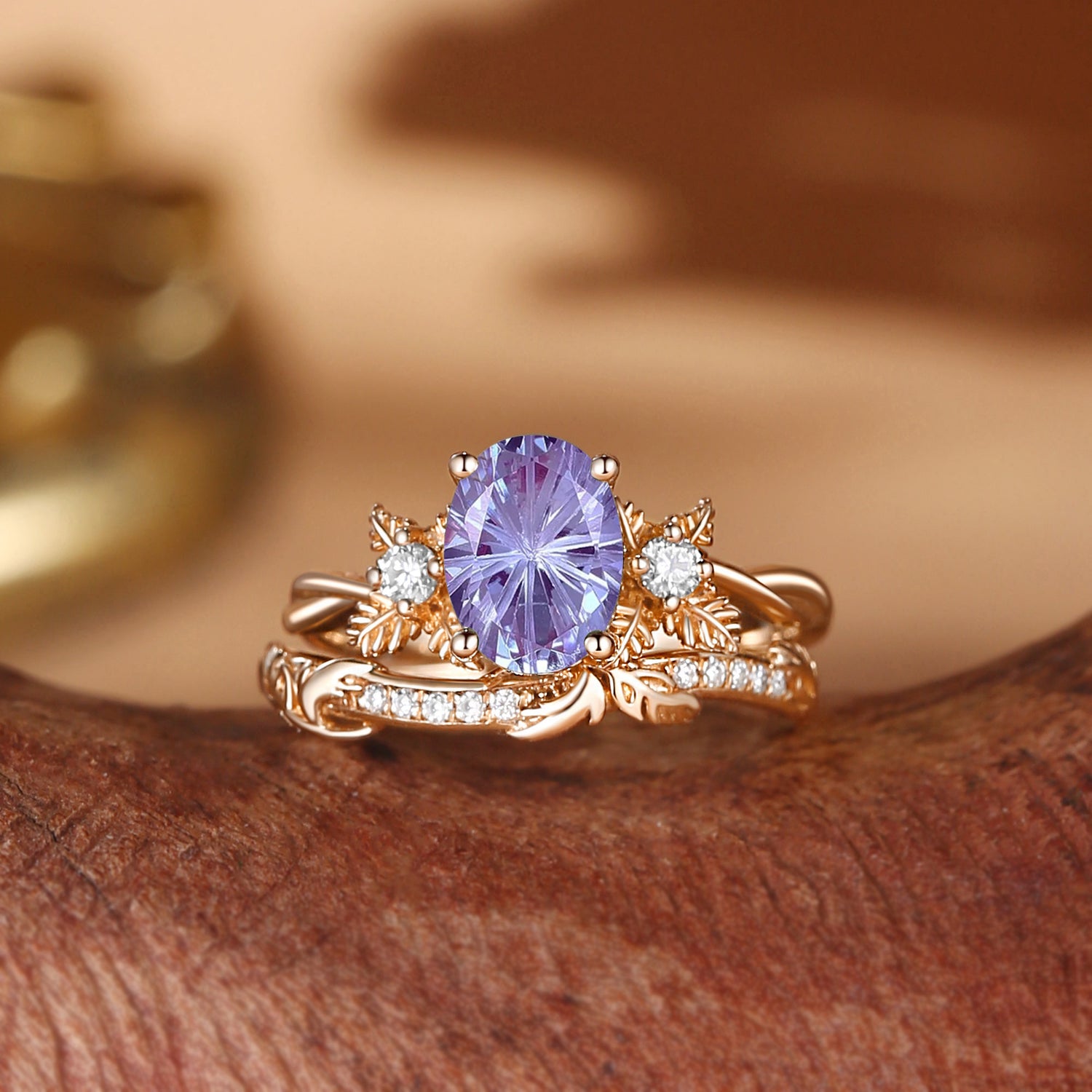 Flora - Oval Firework Cut Alexandrite Leafy Flower Engagement Ring Set 2pcs