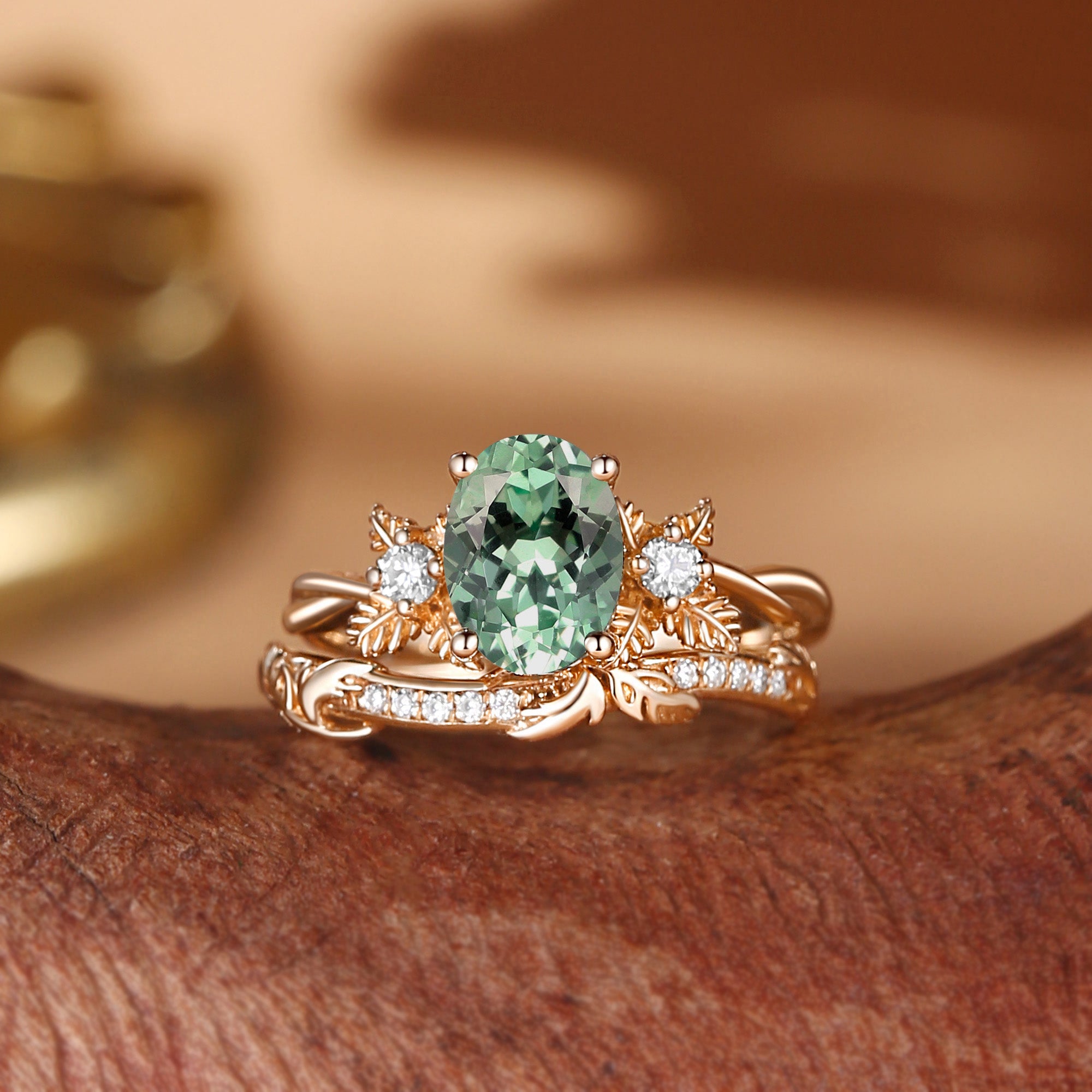 Flora - Oval Cut Mint Green Sapphire Mint Leafy Engagement Ring Set 2pcs