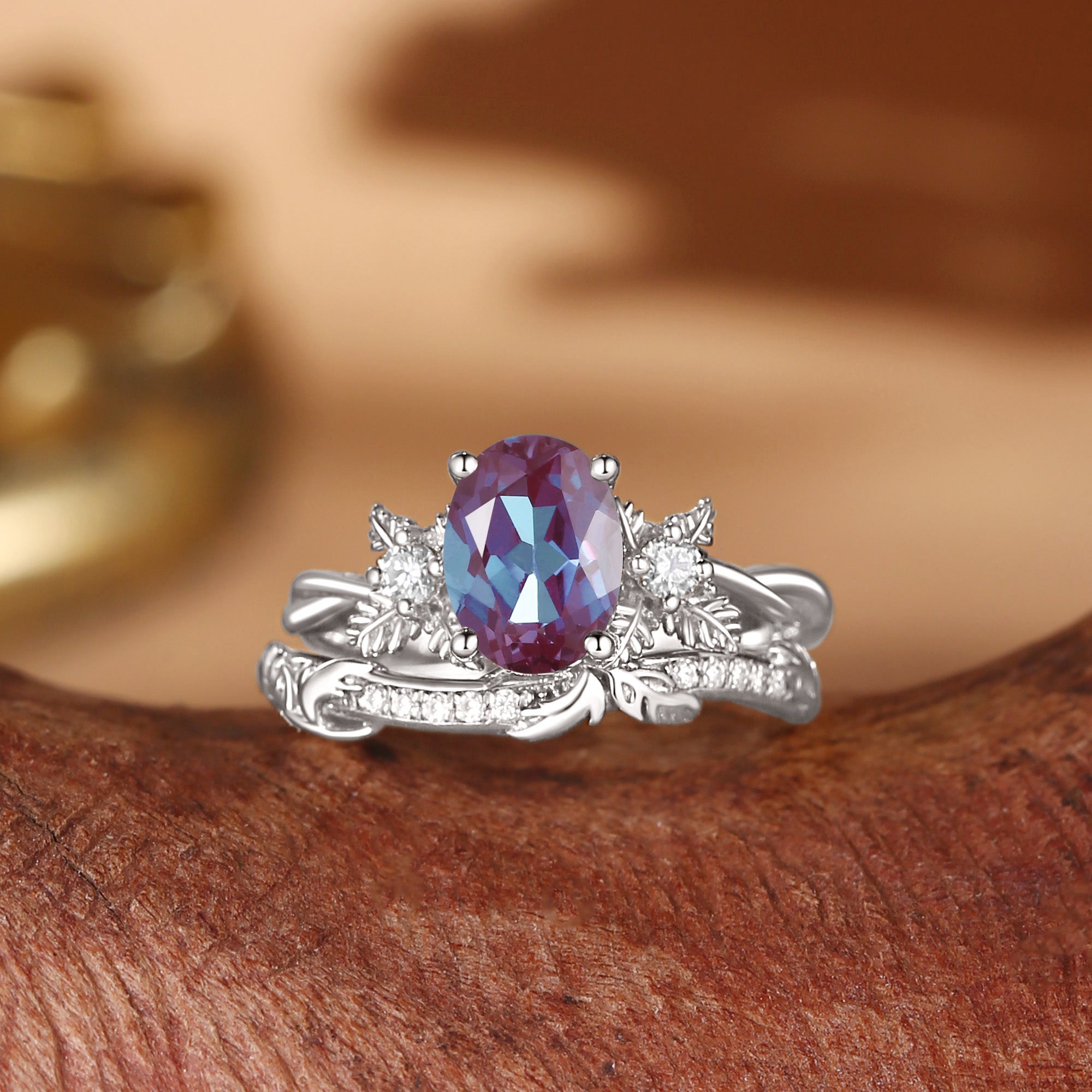 Flora - Oval Cut Alexandrite Leafy Flower Engagement Ring Set 2pcs