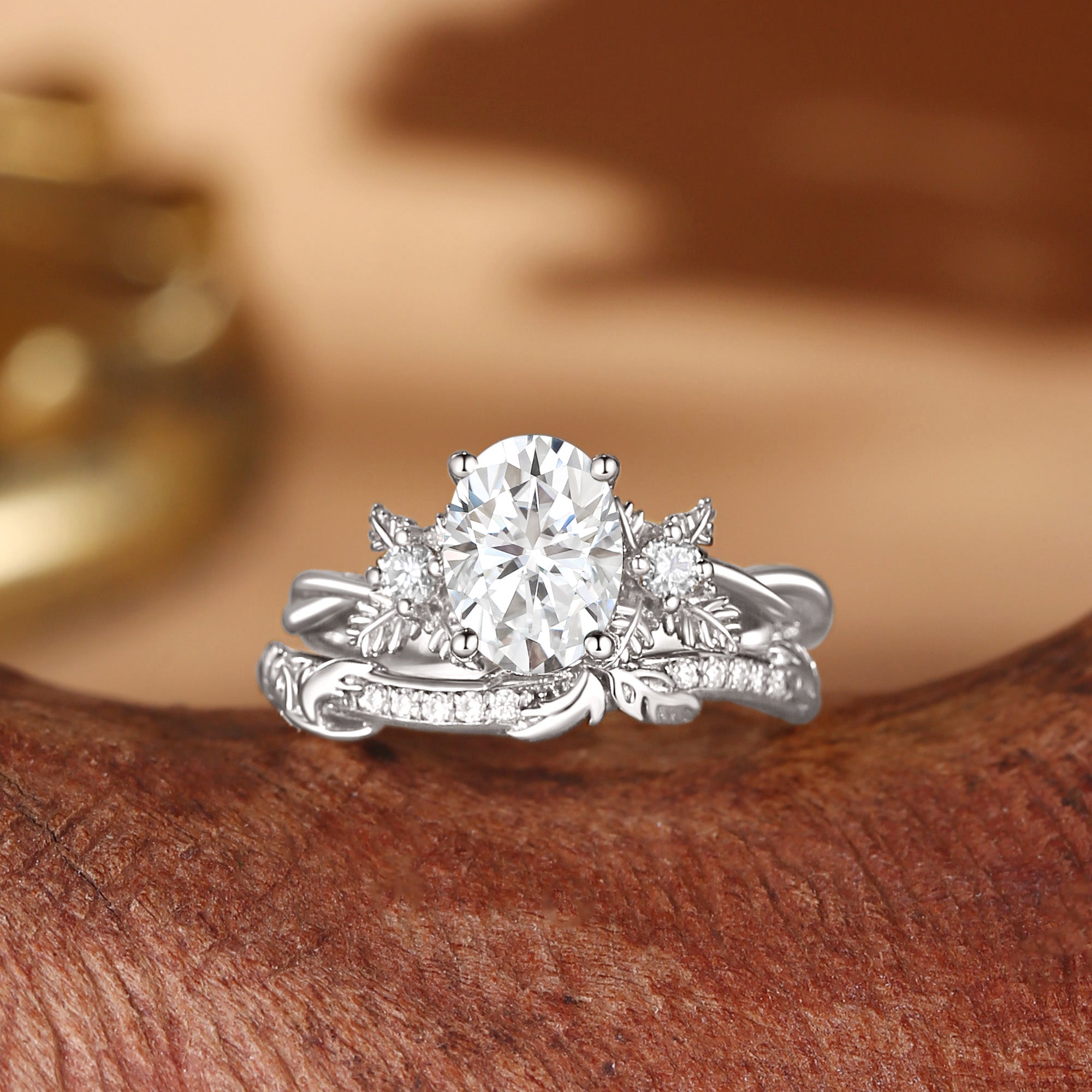 Flora - Oval Cut Moissanite Leafy Flower Engagement Ring Set 2pcs