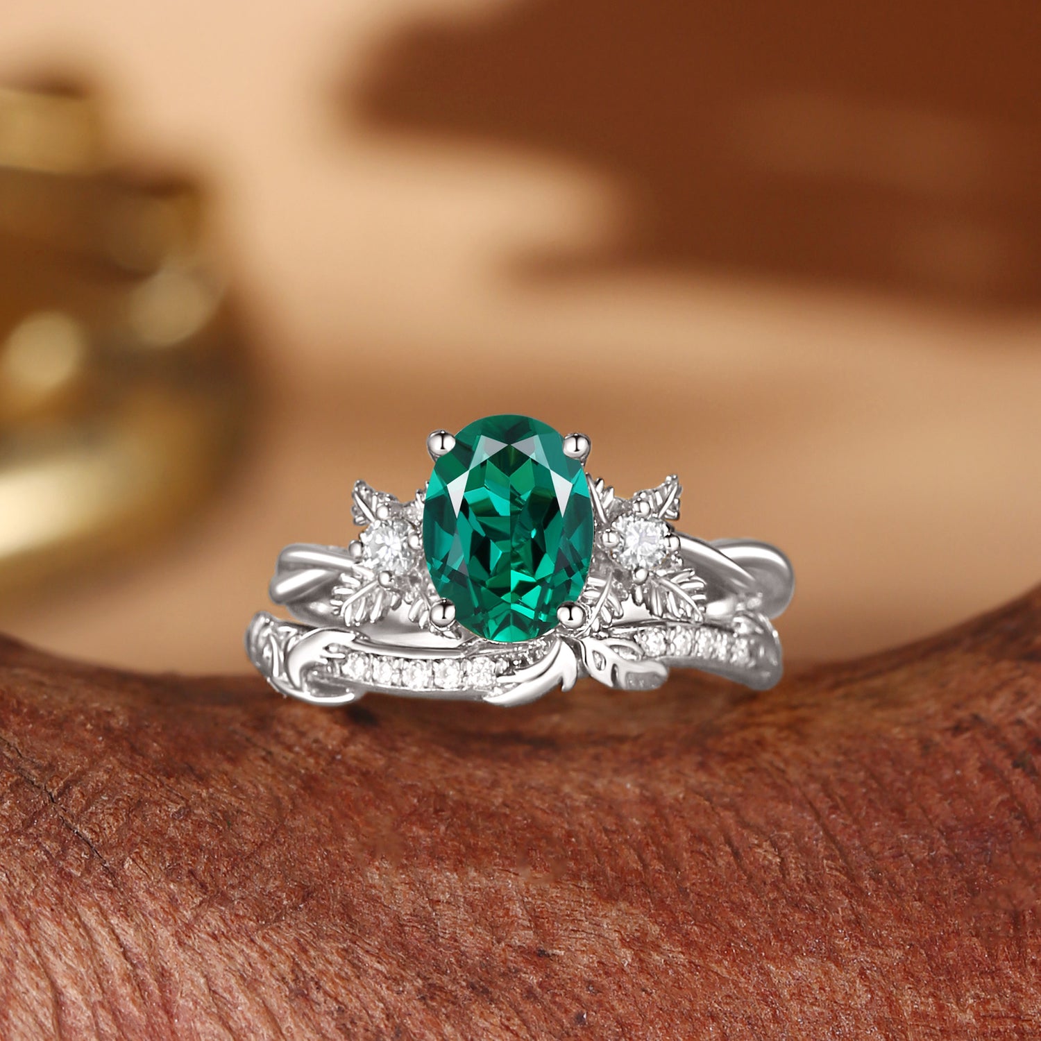 Flora - Oval Cut Lab Emerald Leafy Flower Engagement Ring Set 2pcs