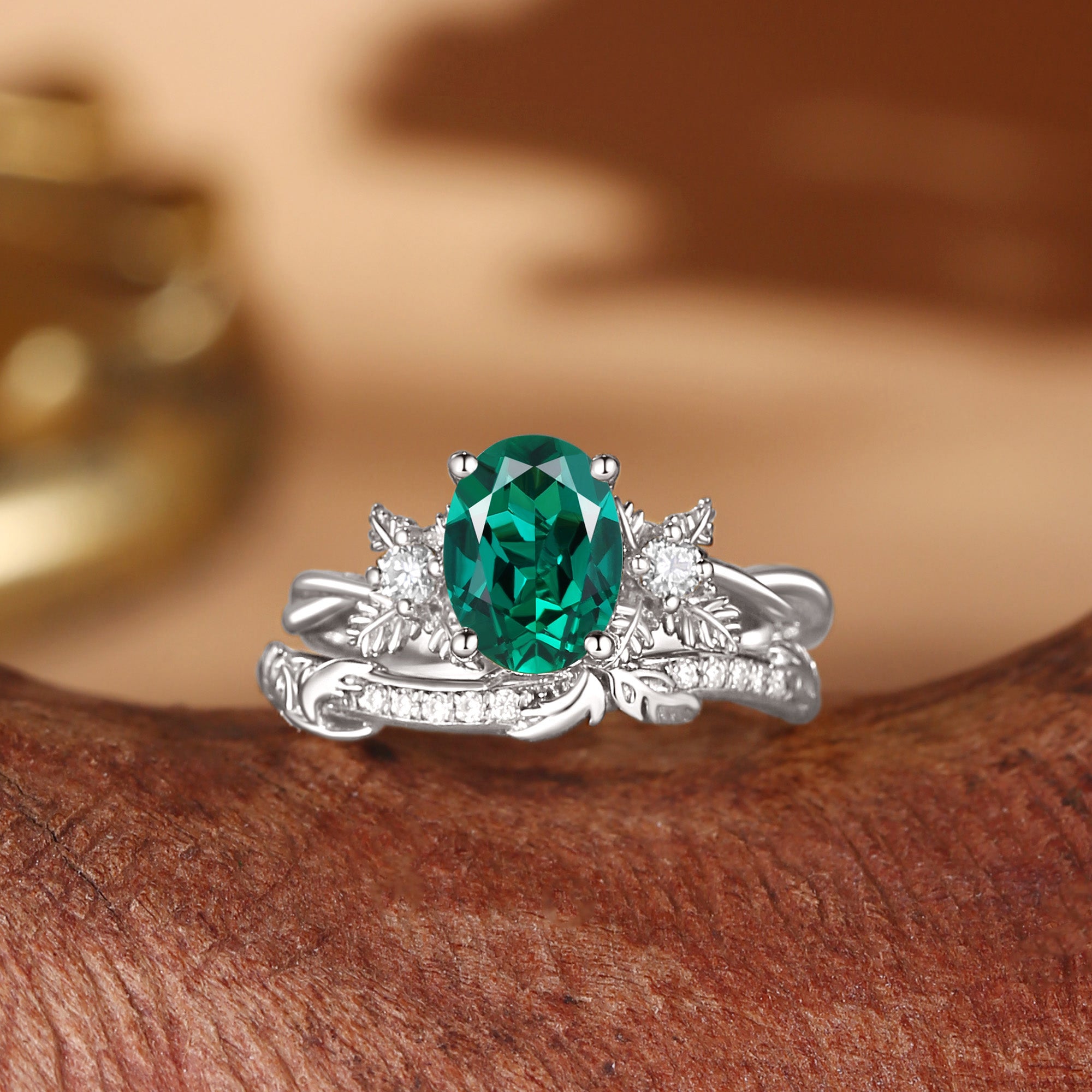 Flora - Oval Cut Lab Emerald Leafy Flower Engagement Ring Set 2pcs