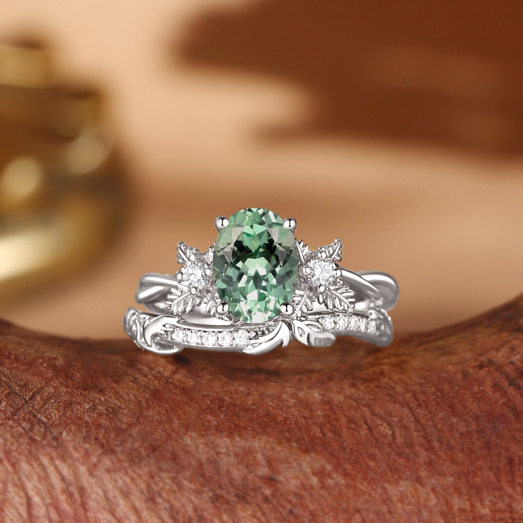 Flora - Oval Cut Mint Green Sapphire Mint Leafy Engagement Ring Set 2pcs