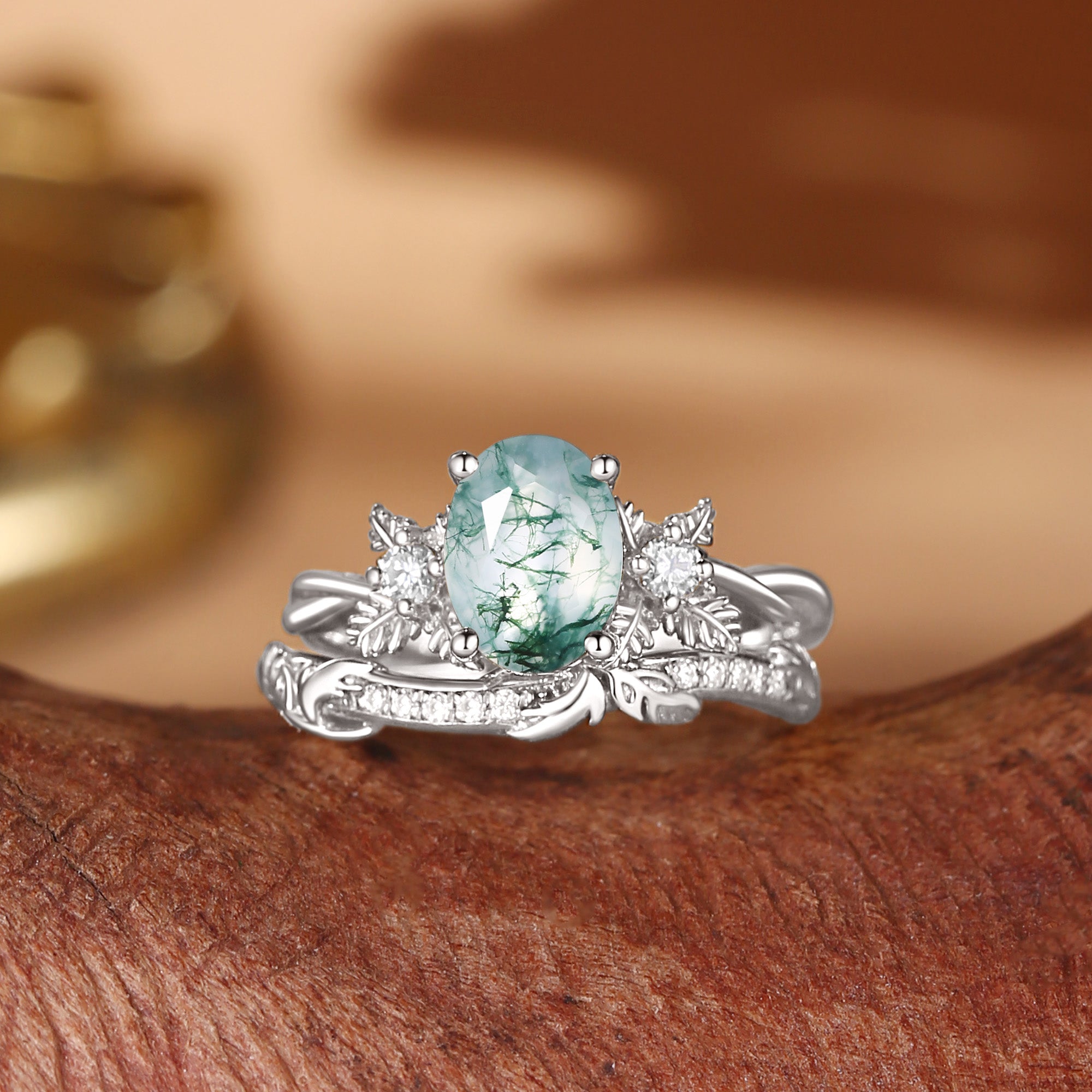 Flora - Oval Cut Moss Agate Leafy Flower Engagement Ring Set 2pcs