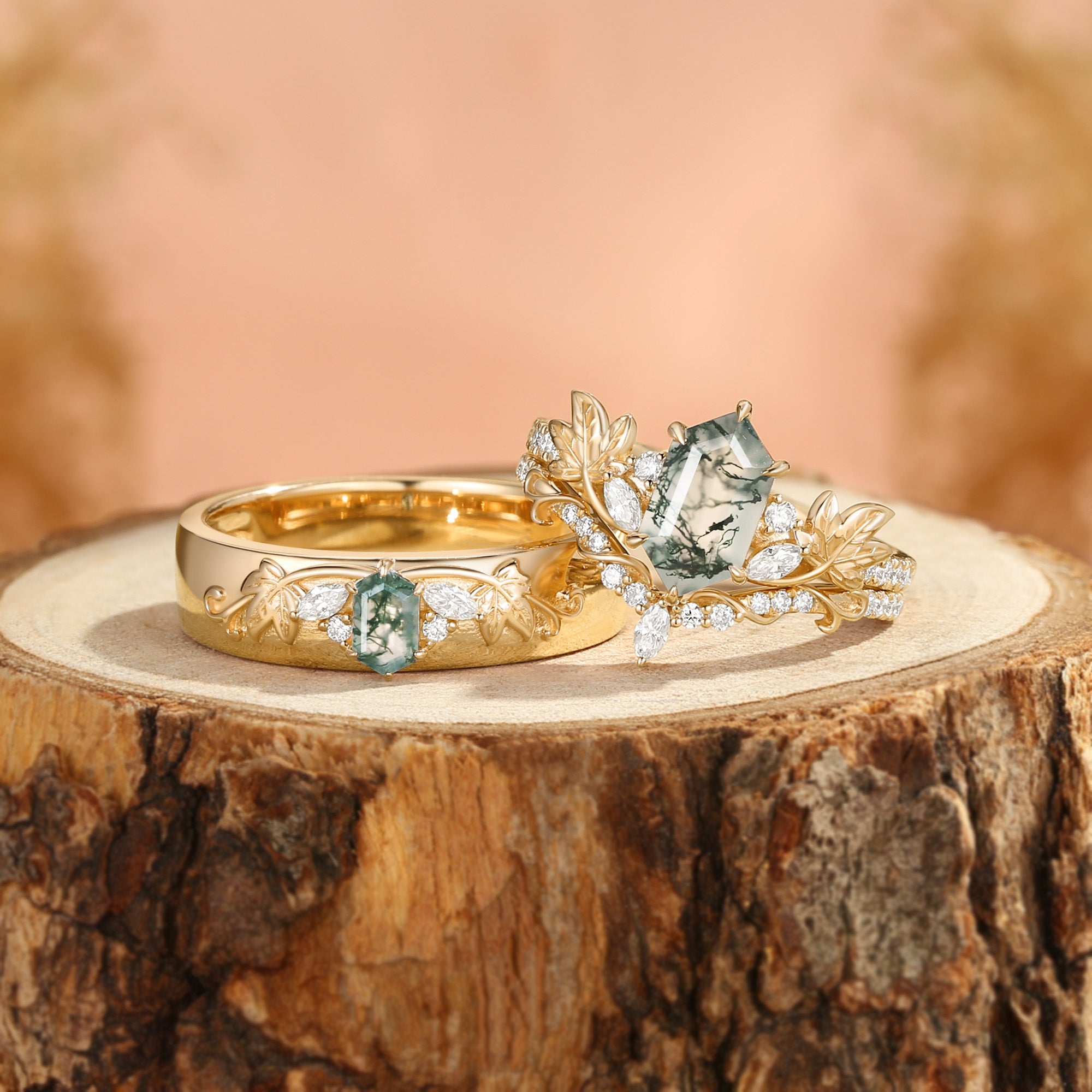 Grape Leaf Nature Inspired Hexagon Cut Moss Agate & 5.5mm Men Band Couple Rings Set