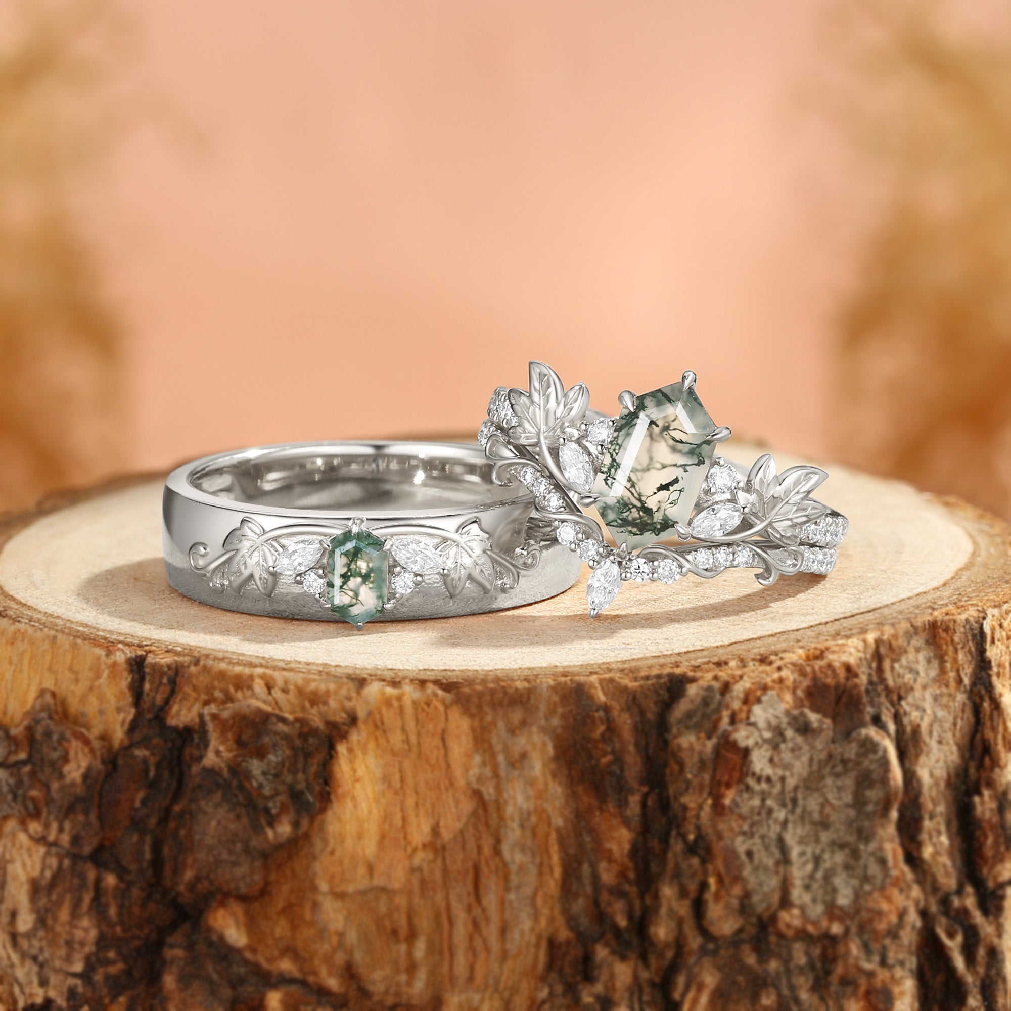 Grape Leaf Nature Inspired Hexagon Cut Moss Agate & 5.5mm Men Band Couple Rings Set