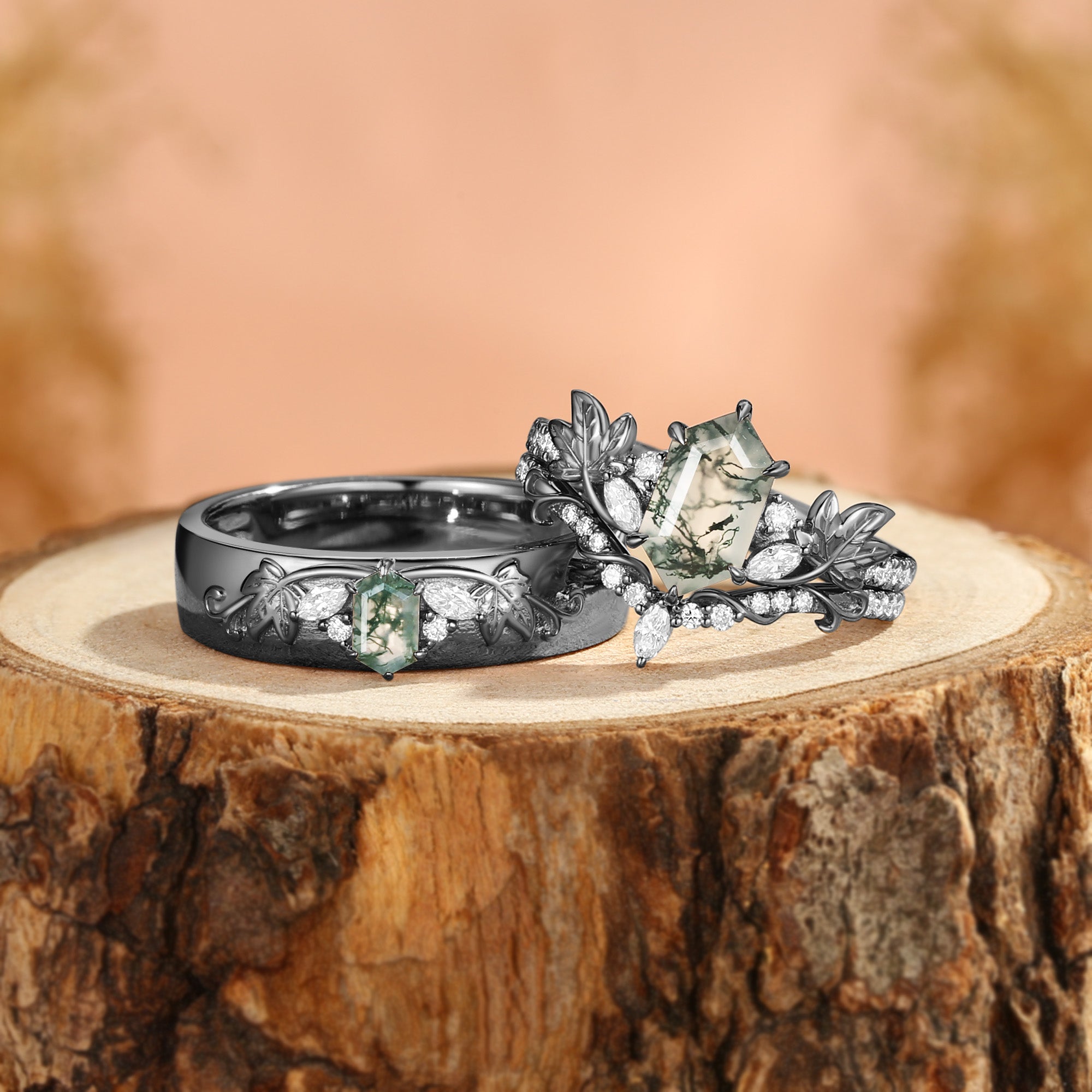 Grape Leaf Nature Inspired Hexagon Cut Moss Agate & 5.5mm Men Band Couple Rings Set