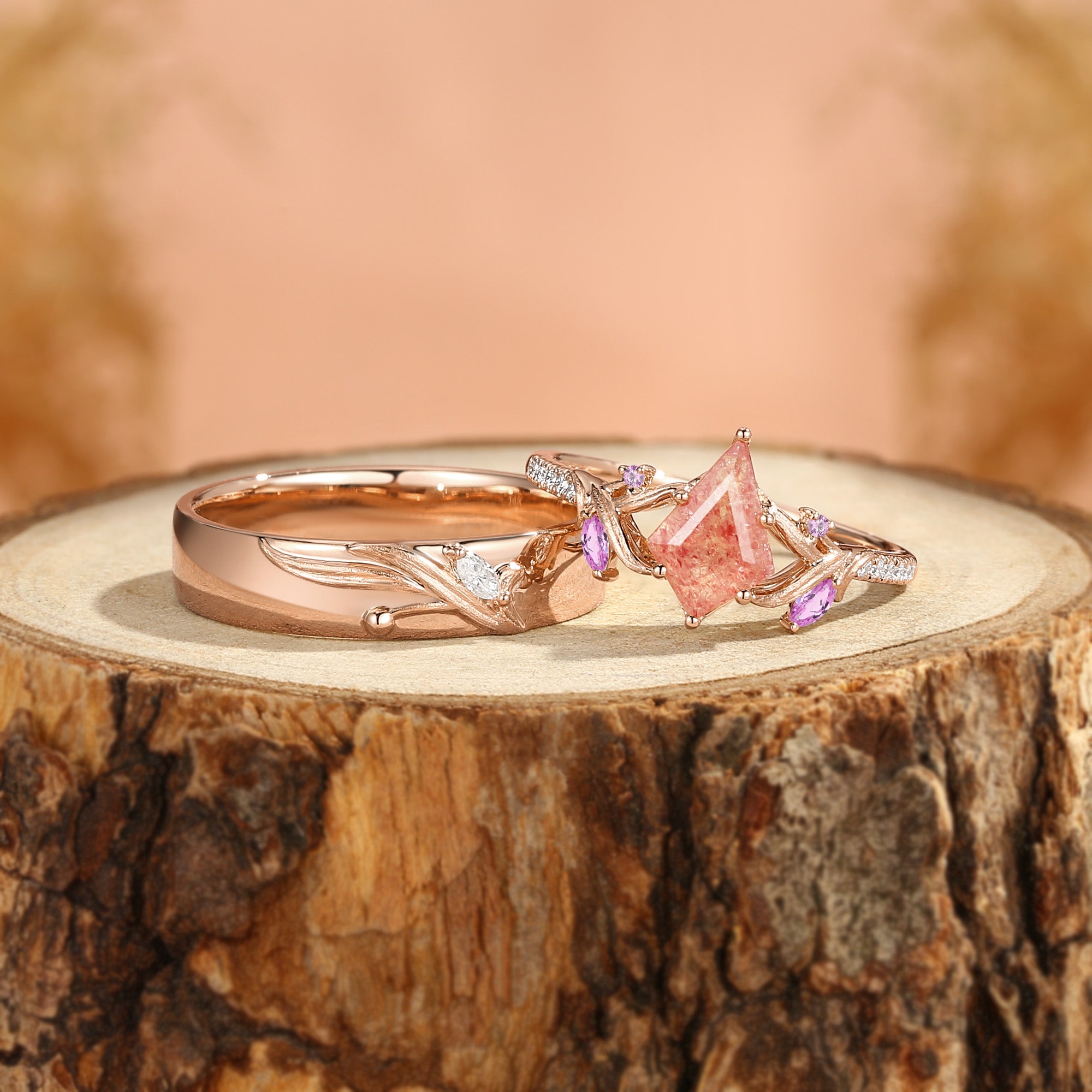 Karina - Kite Cut Strawberry Quartz Leafy Branch Couple Ring Set