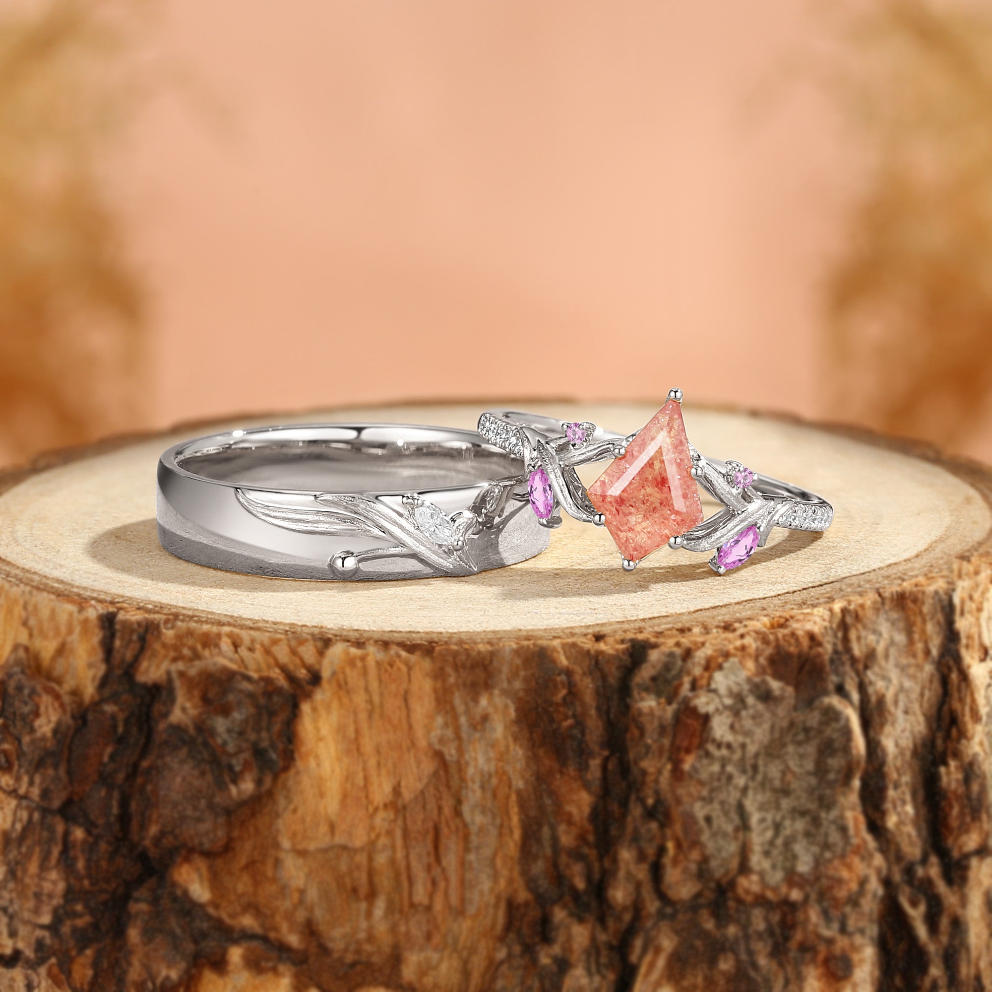 Karina - Kite Cut Strawberry Quartz Leafy Branch Couple Ring Set