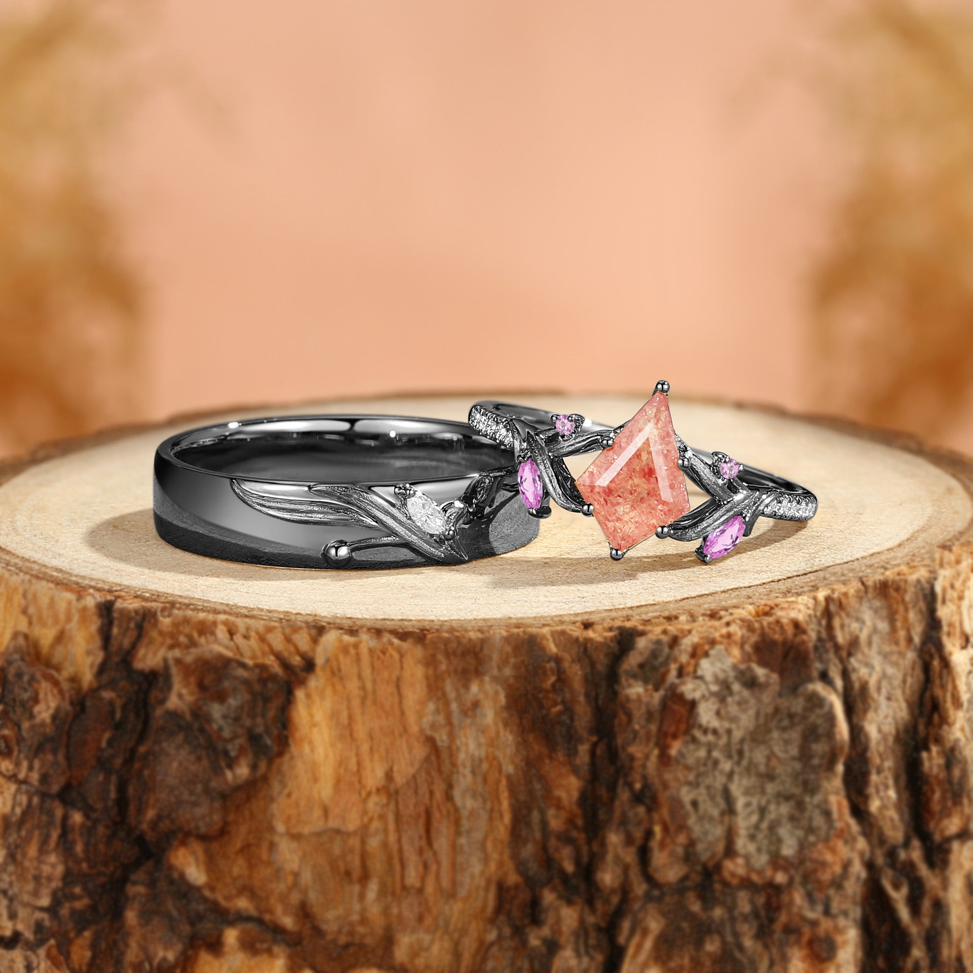 Karina - Kite Cut Strawberry Quartz Leafy Branch Couple Ring Set