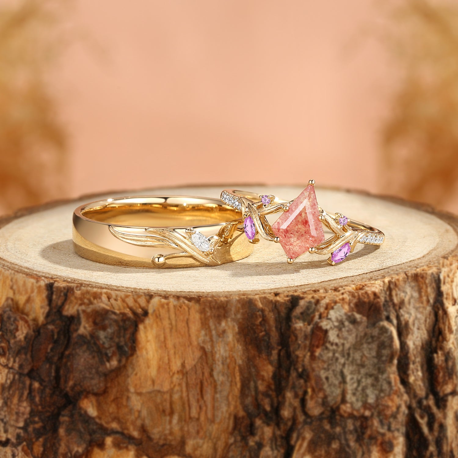 Karina - Kite Cut Strawberry Quartz Leafy Branch Couple Ring Set