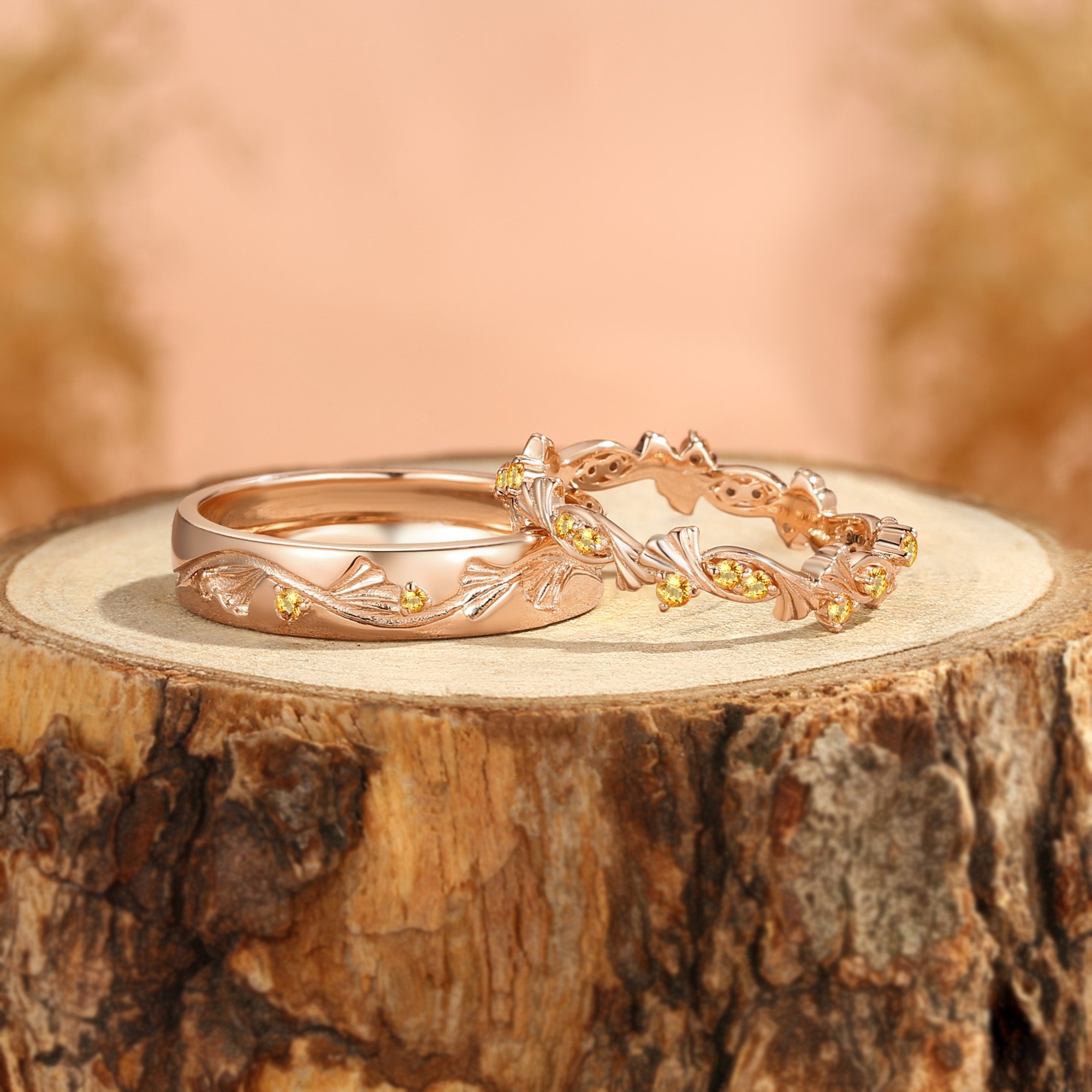 Couple Ring - Ginkgo Leaf Inspired Citrine Promise Ring Set