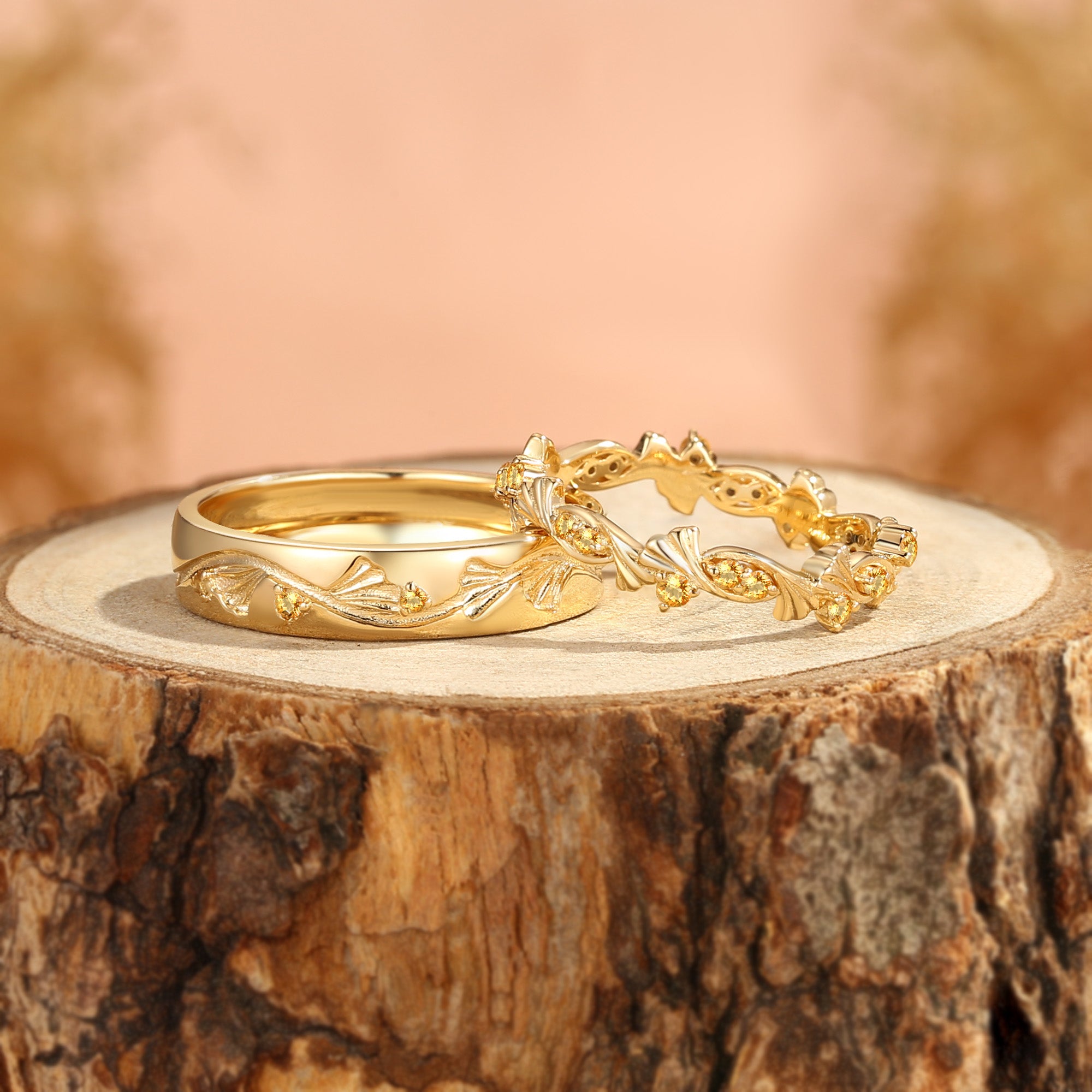 Couple Ring - Ginkgo Leaf Inspired Citrine Promise Ring Set