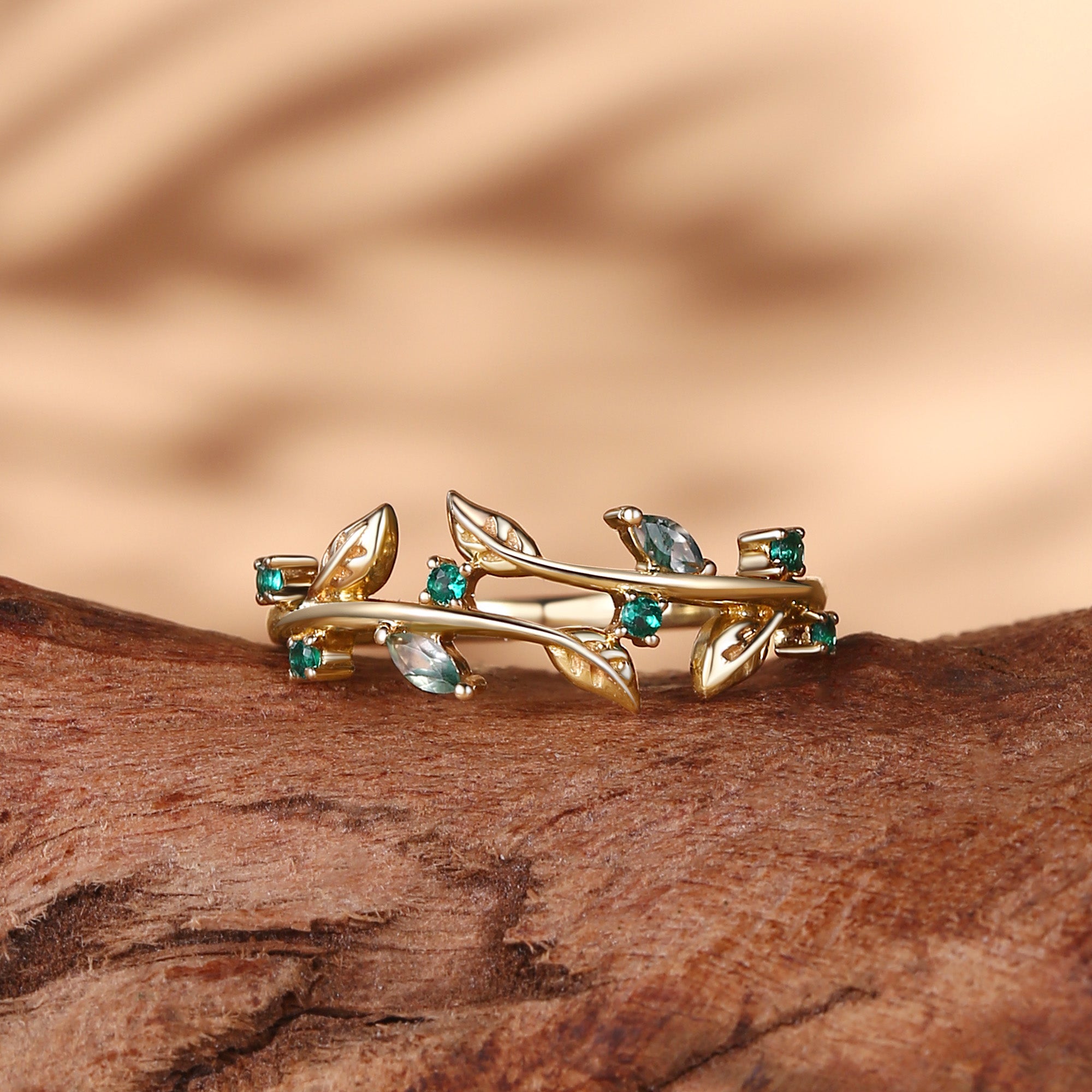 Wedding Band - Lab Emerald Leafy Design Wedding Band