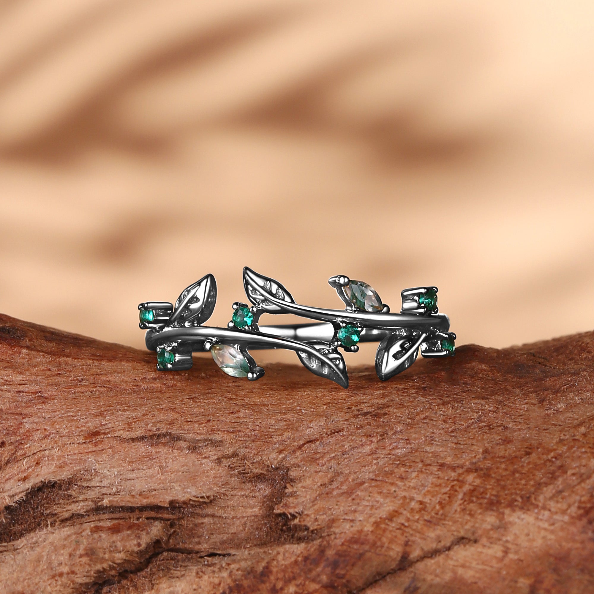 Wedding Band - Lab Emerald Leafy Design Wedding Band