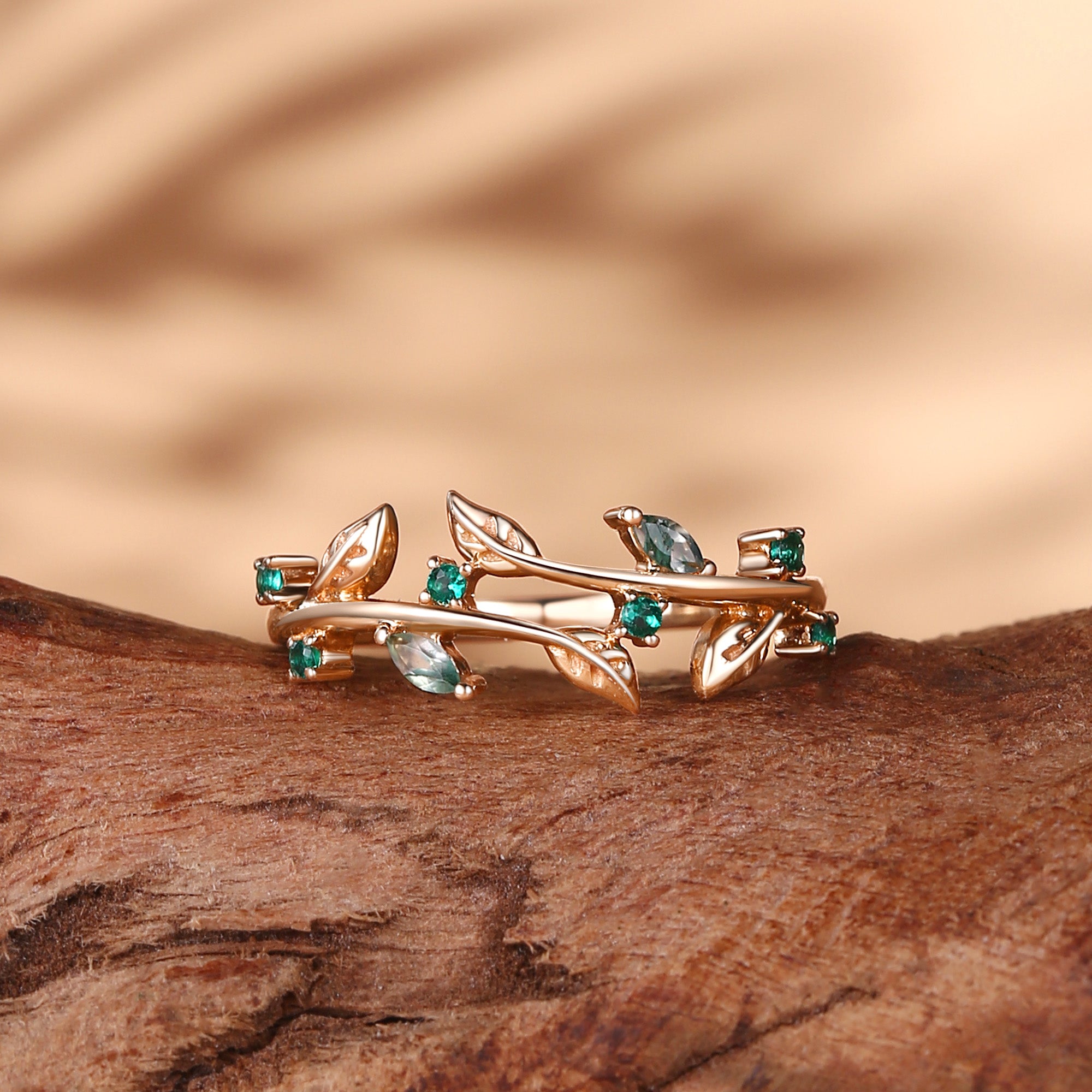 Wedding Band - Lab Emerald Leafy Design Wedding Band