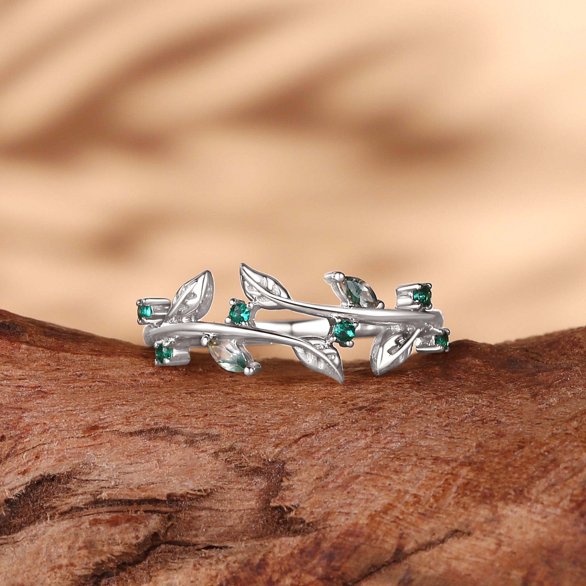Wedding Band - Lab Emerald Leafy Design Wedding Band