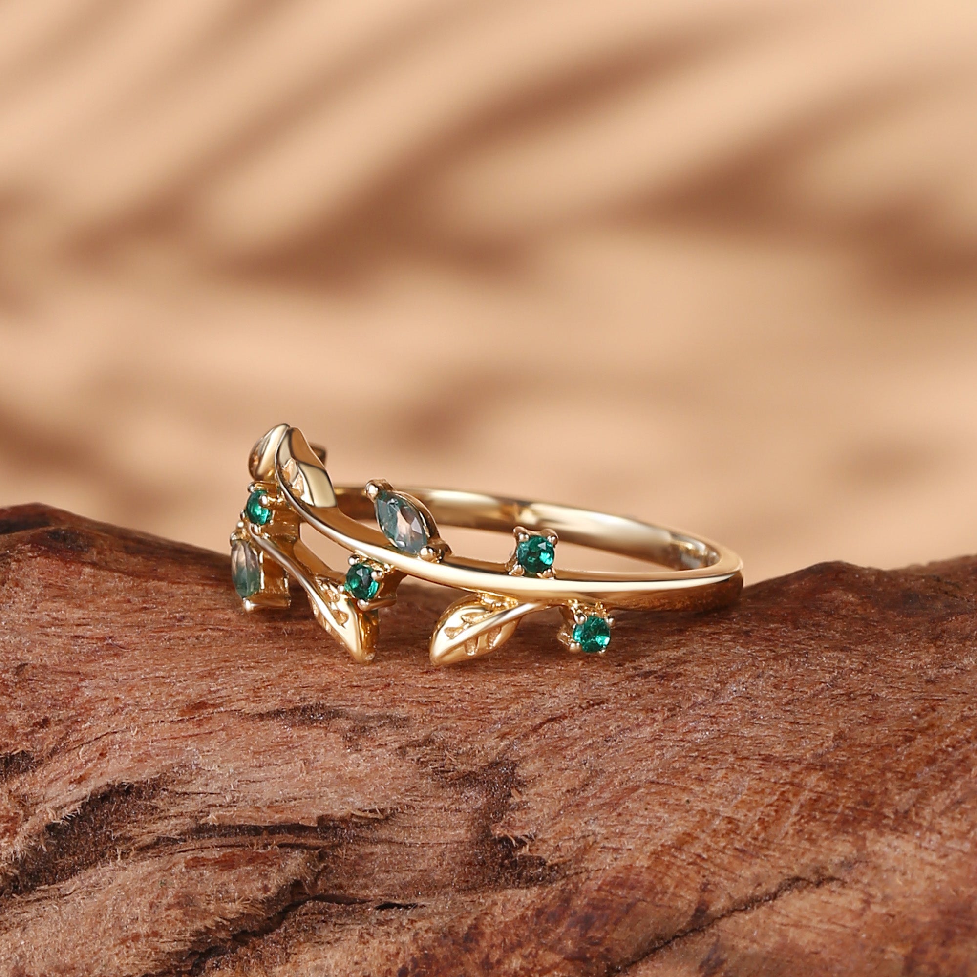 Wedding Band - Lab Emerald Leafy Design Wedding Band