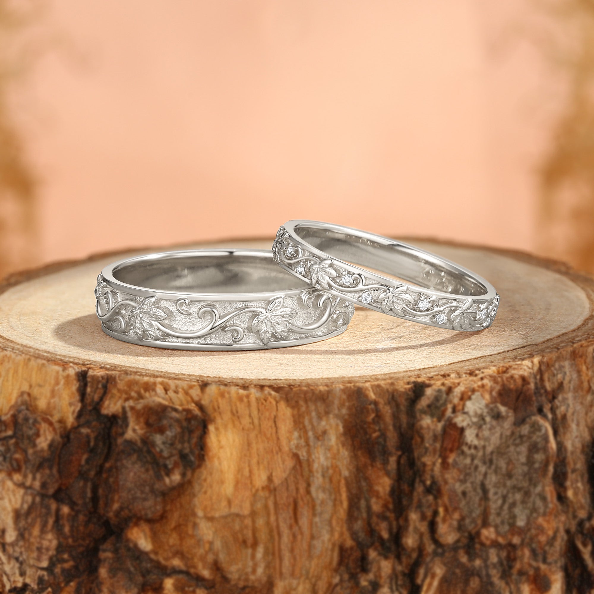 Couple Ring - Blingflare Grape Leaf Inspired Moissanite Promise Ring Set