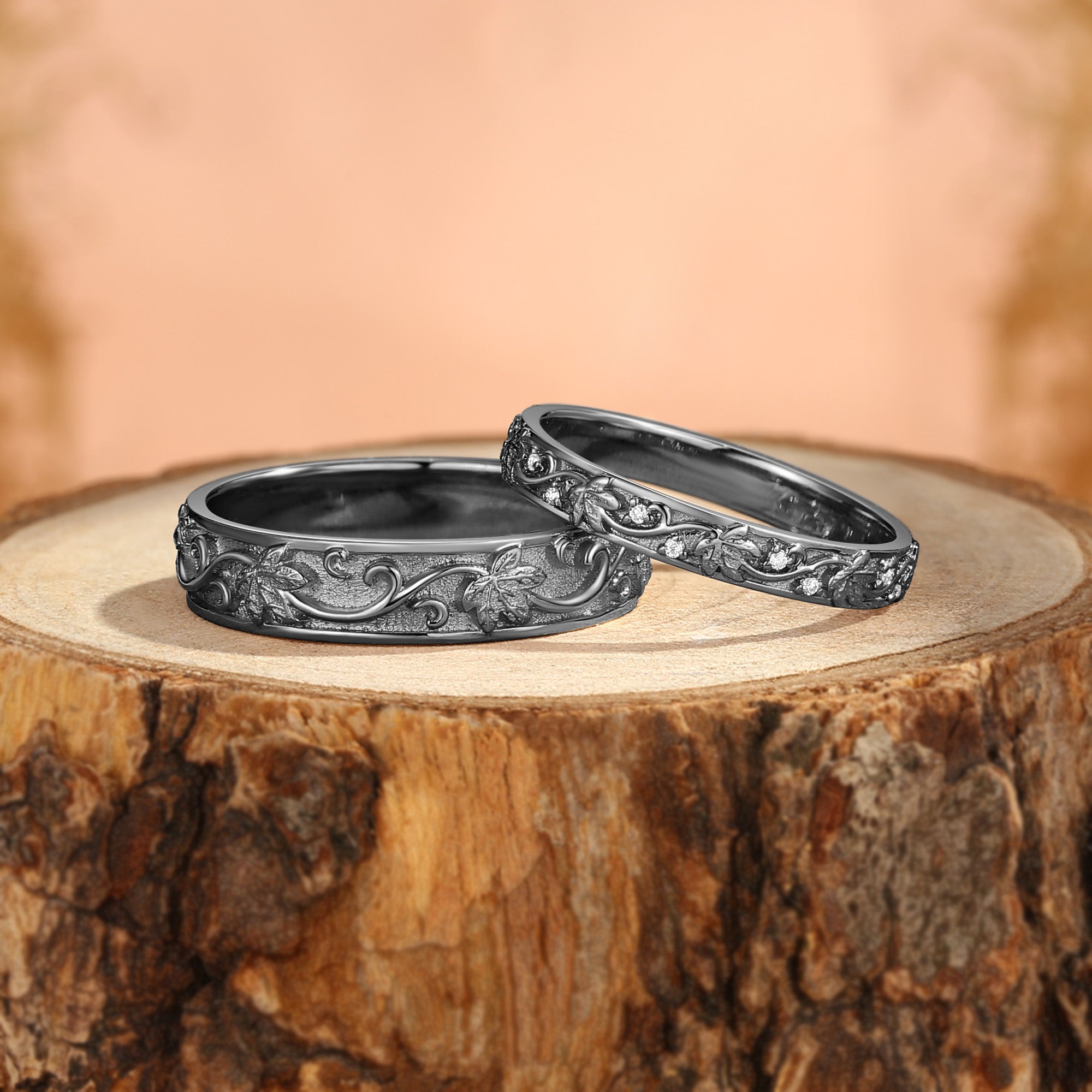 Couple Ring - Blingflare Grape Leaf Inspired Moissanite Promise Ring Set