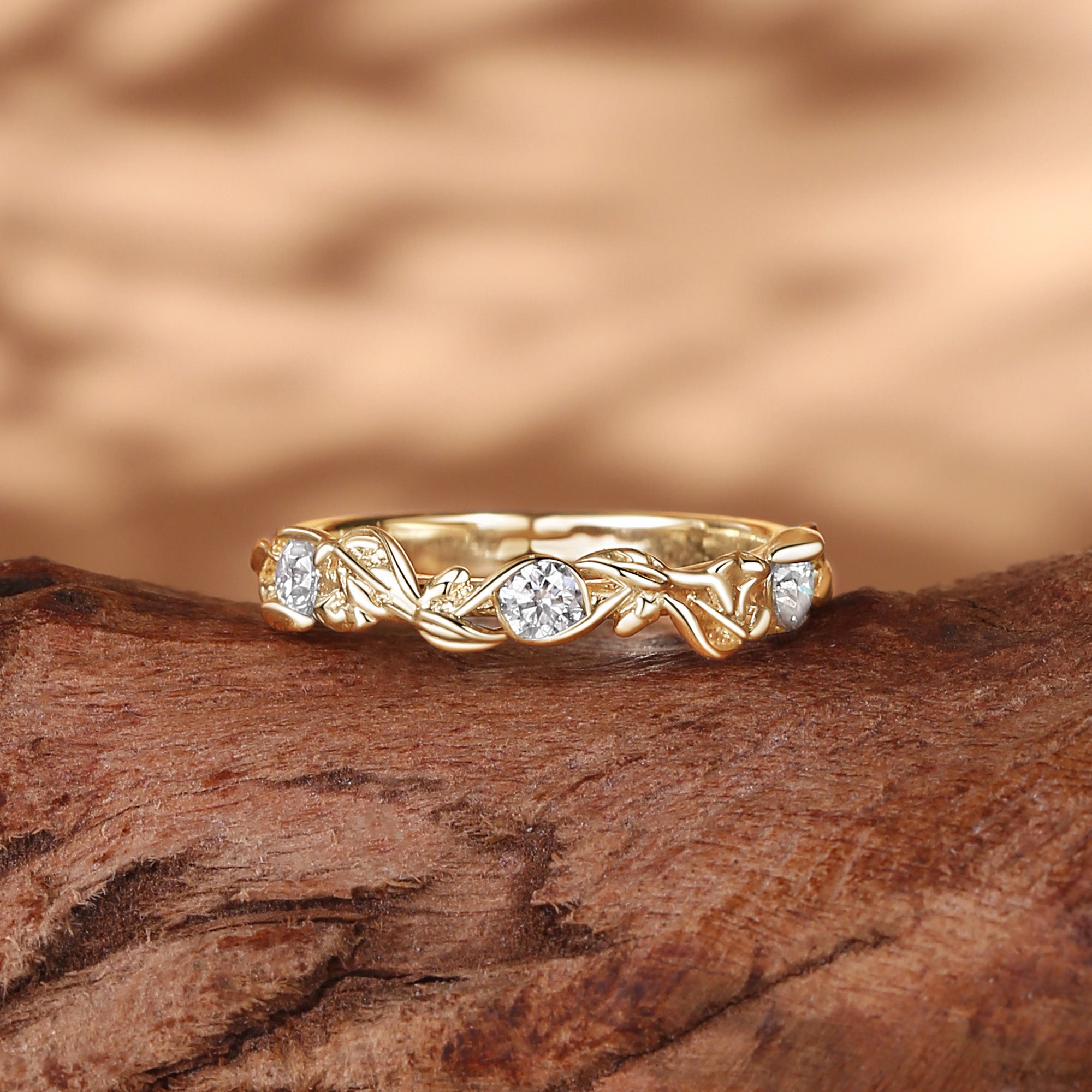 Wedding Band - 3.2mm Leafy White Gold Moissanite Wedding Band Women