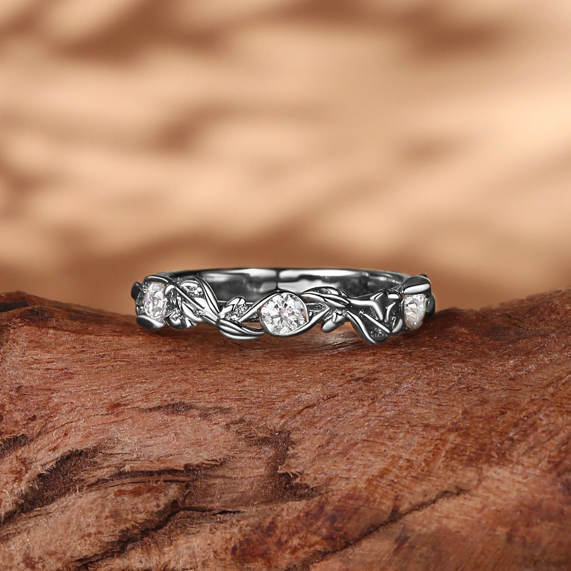 Wedding Band - 3.2mm Leafy White Gold Moissanite Wedding Band Women