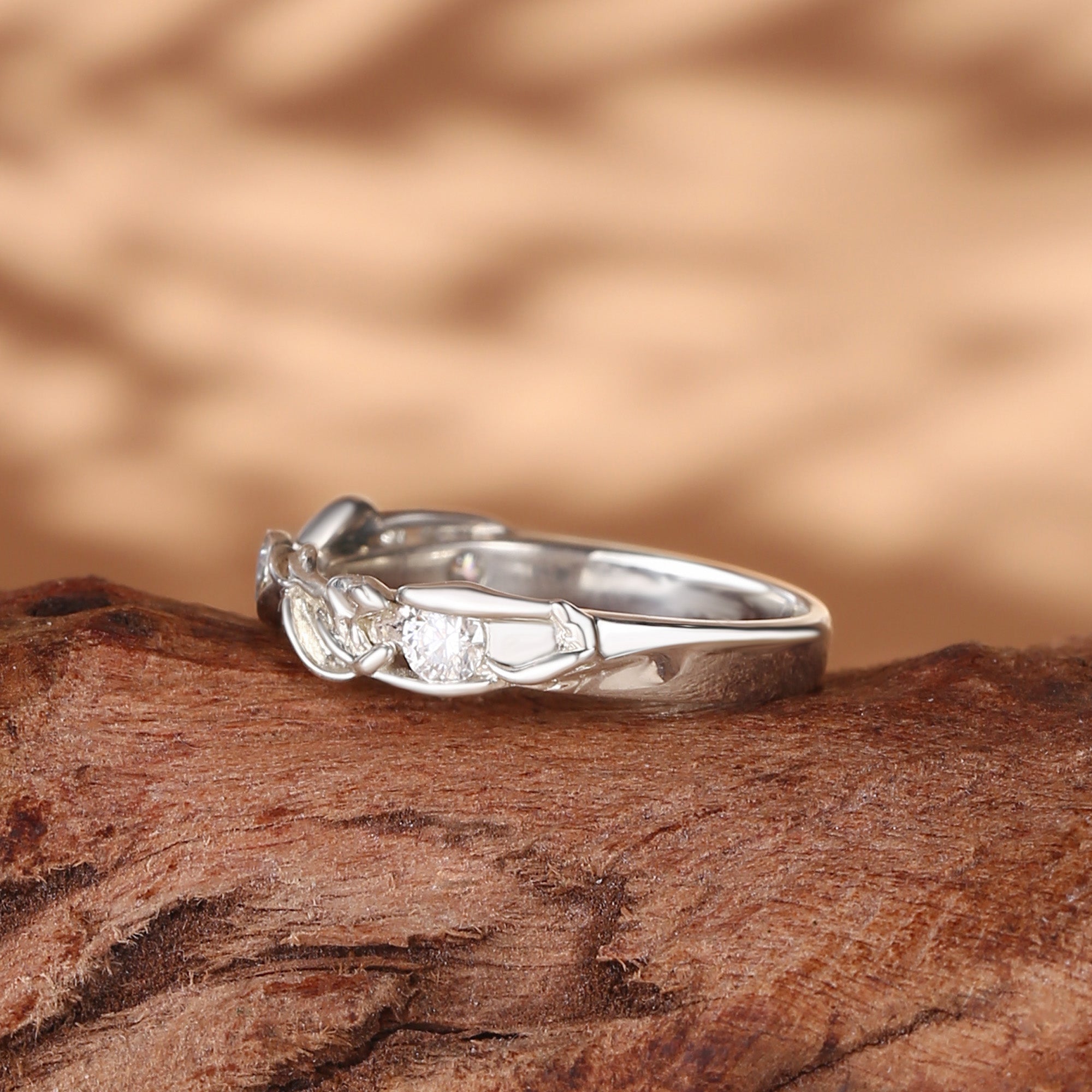 Wedding Band - 3.2mm Leafy White Gold Moissanite Wedding Band Women