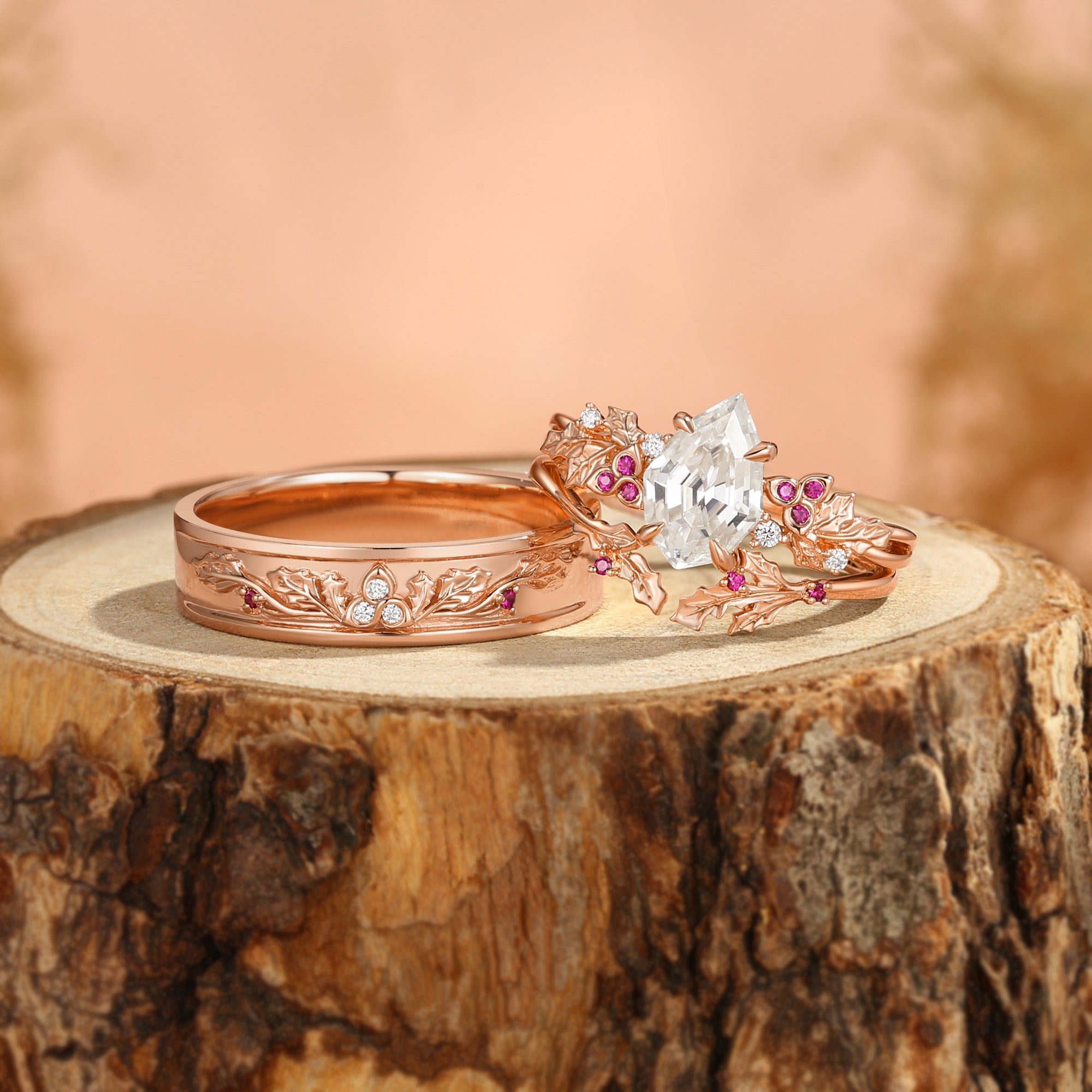 Holly Leaf Nature Inspired Shield Cut Moissanite Celtic Knot Couple Rings Set