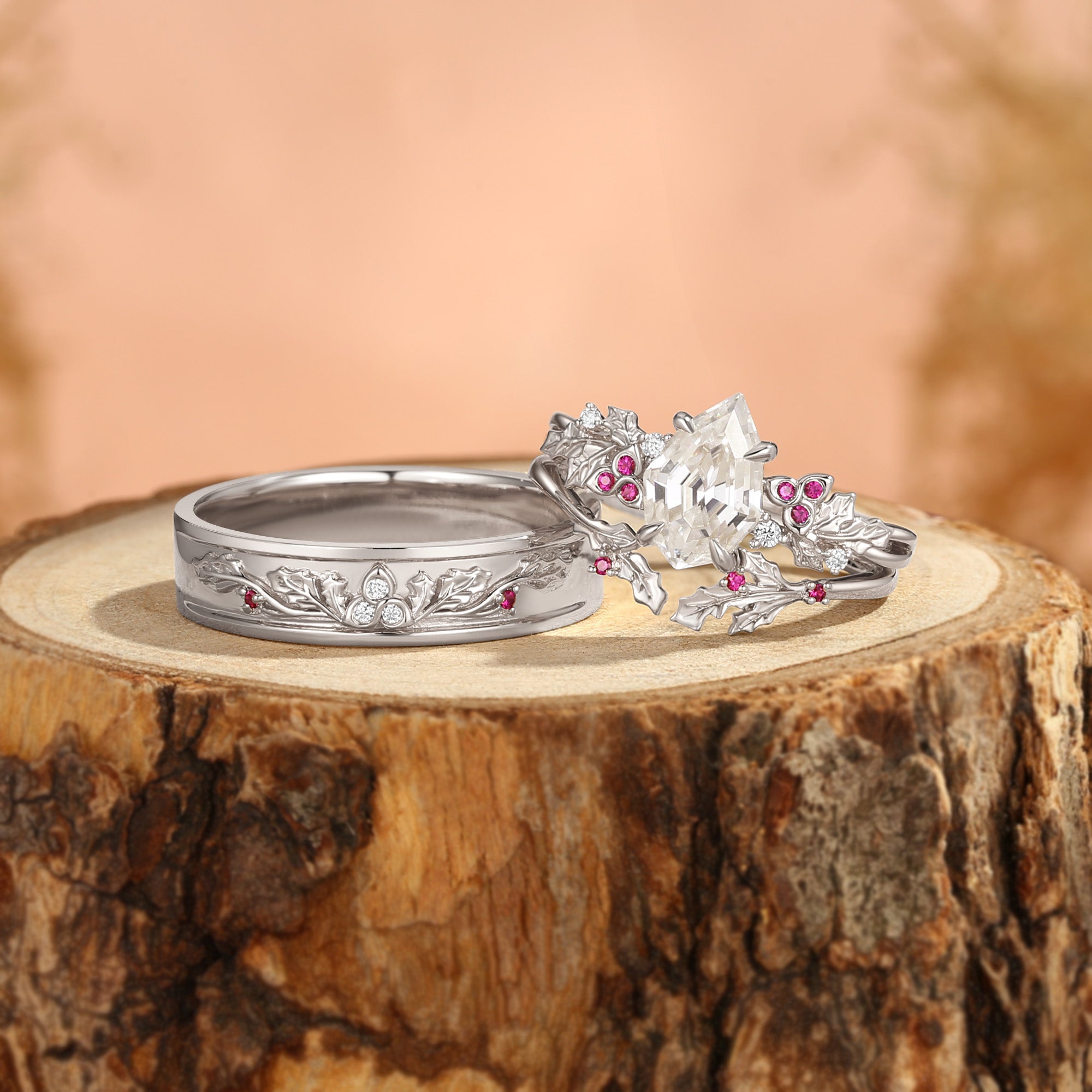 Holly Leaf Nature Inspired Shield Cut Moissanite Celtic Knot Couple Rings Set