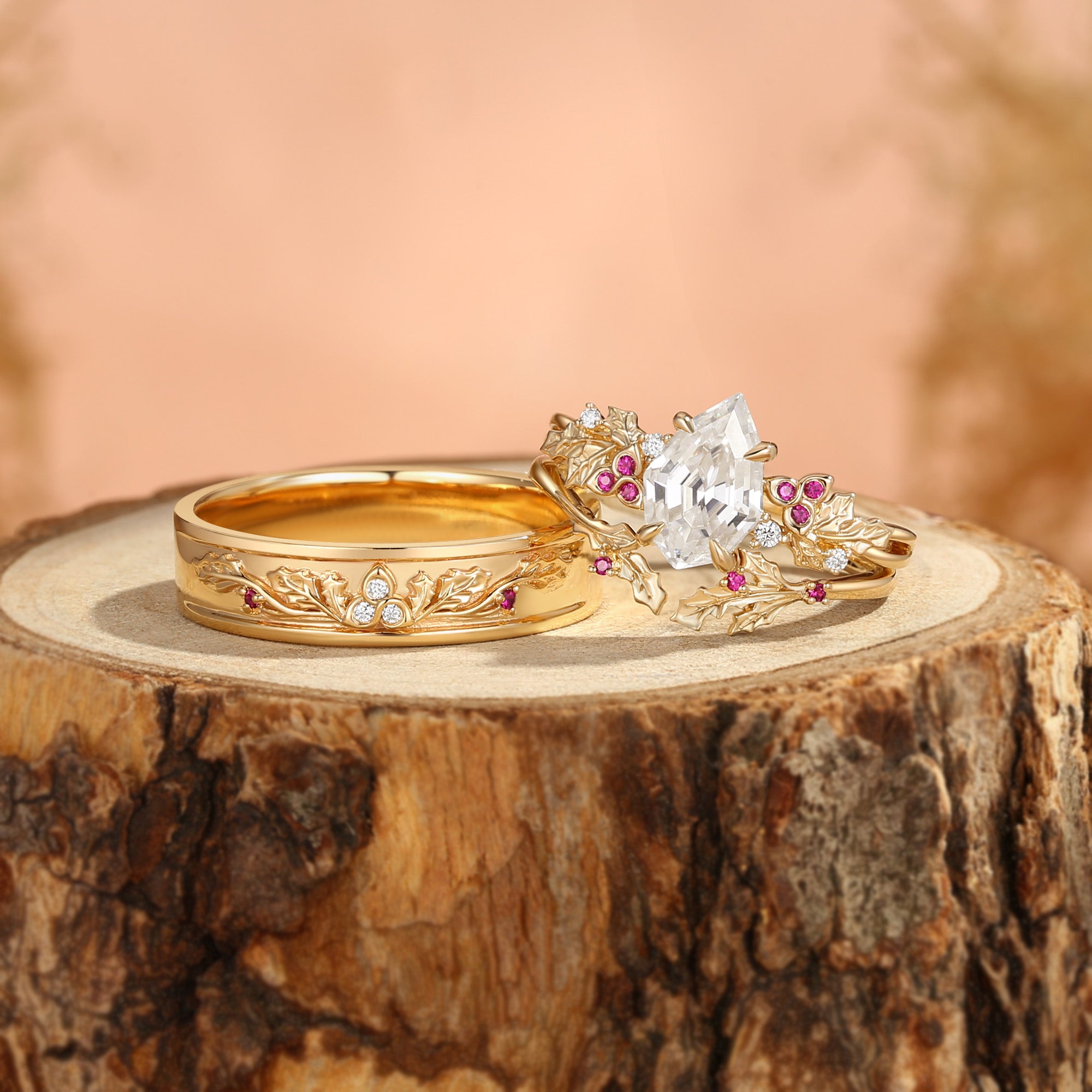 Holly Leaf Nature Inspired Shield Cut Moissanite Celtic Knot Couple Rings Set