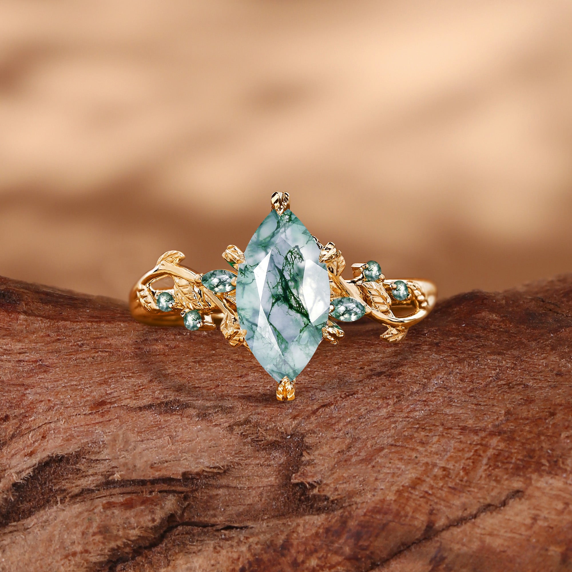 Nature Inspired Marquise Moss Agate Leafy Twist Engagement Ring