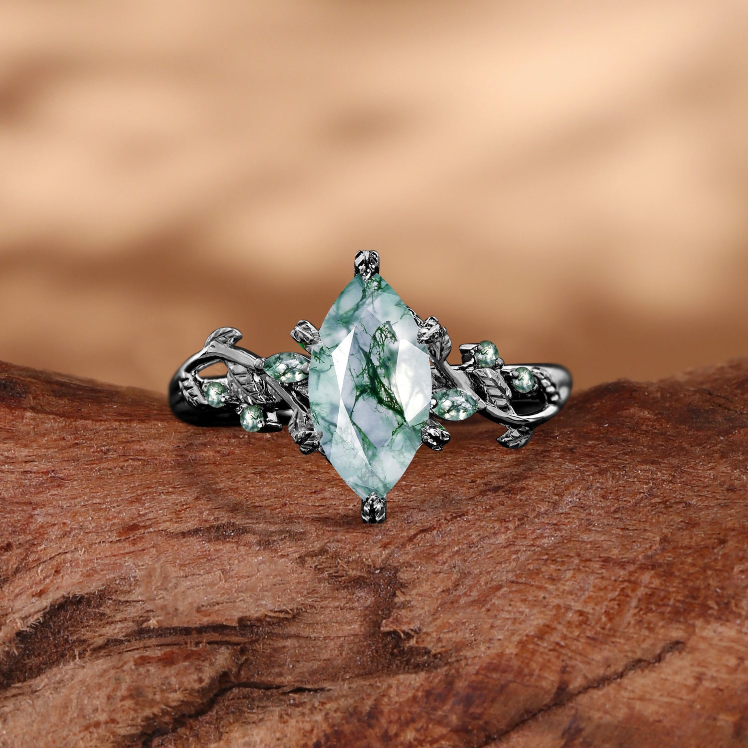 Nature Inspired Marquise Moss Agate Leafy Twist Engagement Ring