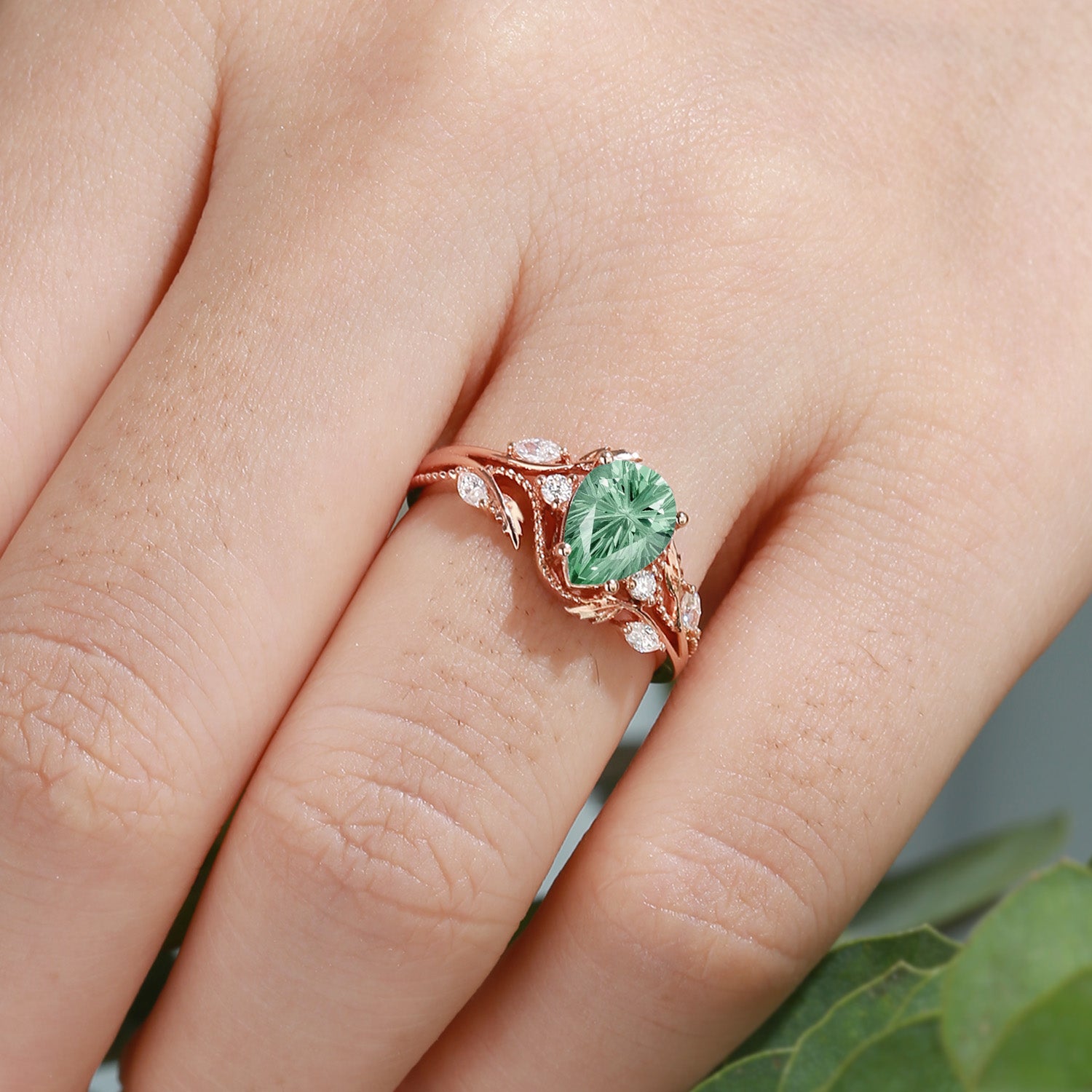 Hesper - Filigree Leafy Pear Firework Cut Green Sapphire Engagement Ring