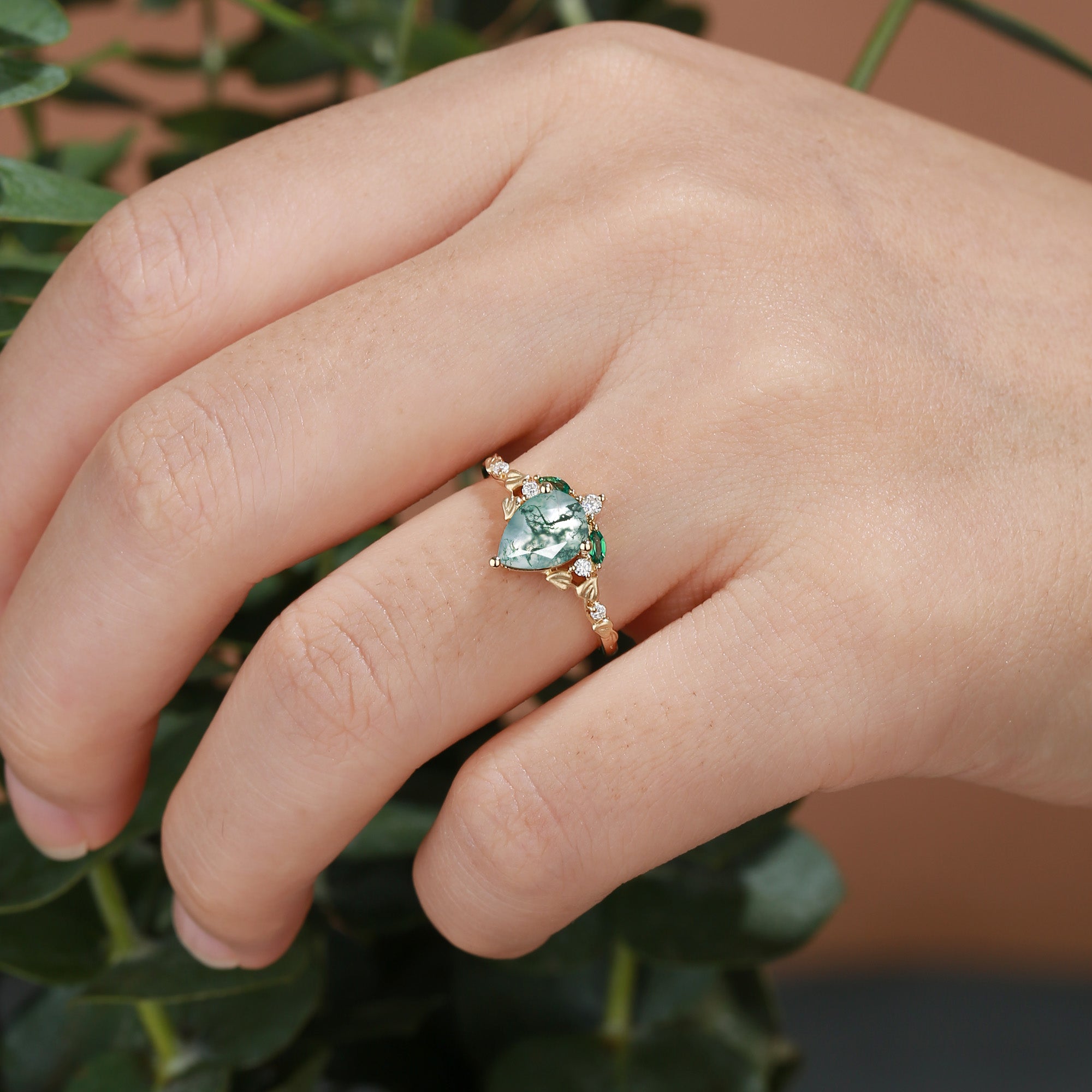 Hedera -  Heart Leaf Moss Agate Engagement Ring