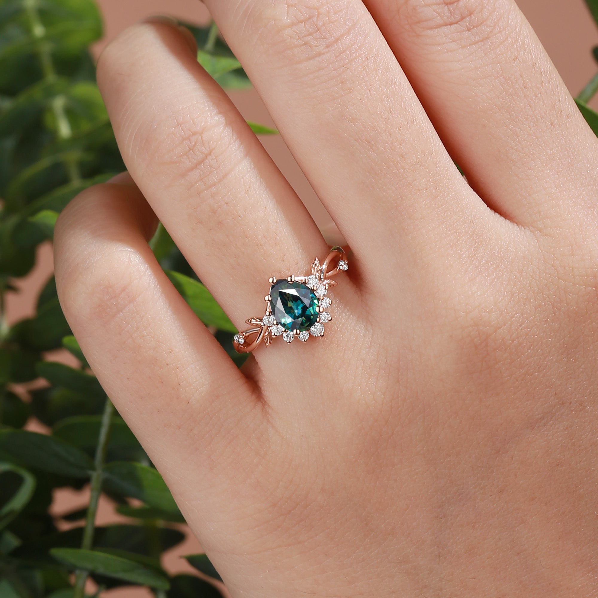 Drisana - 14K Pear Cut Natural Blue Green Sapphire Engagement Ring