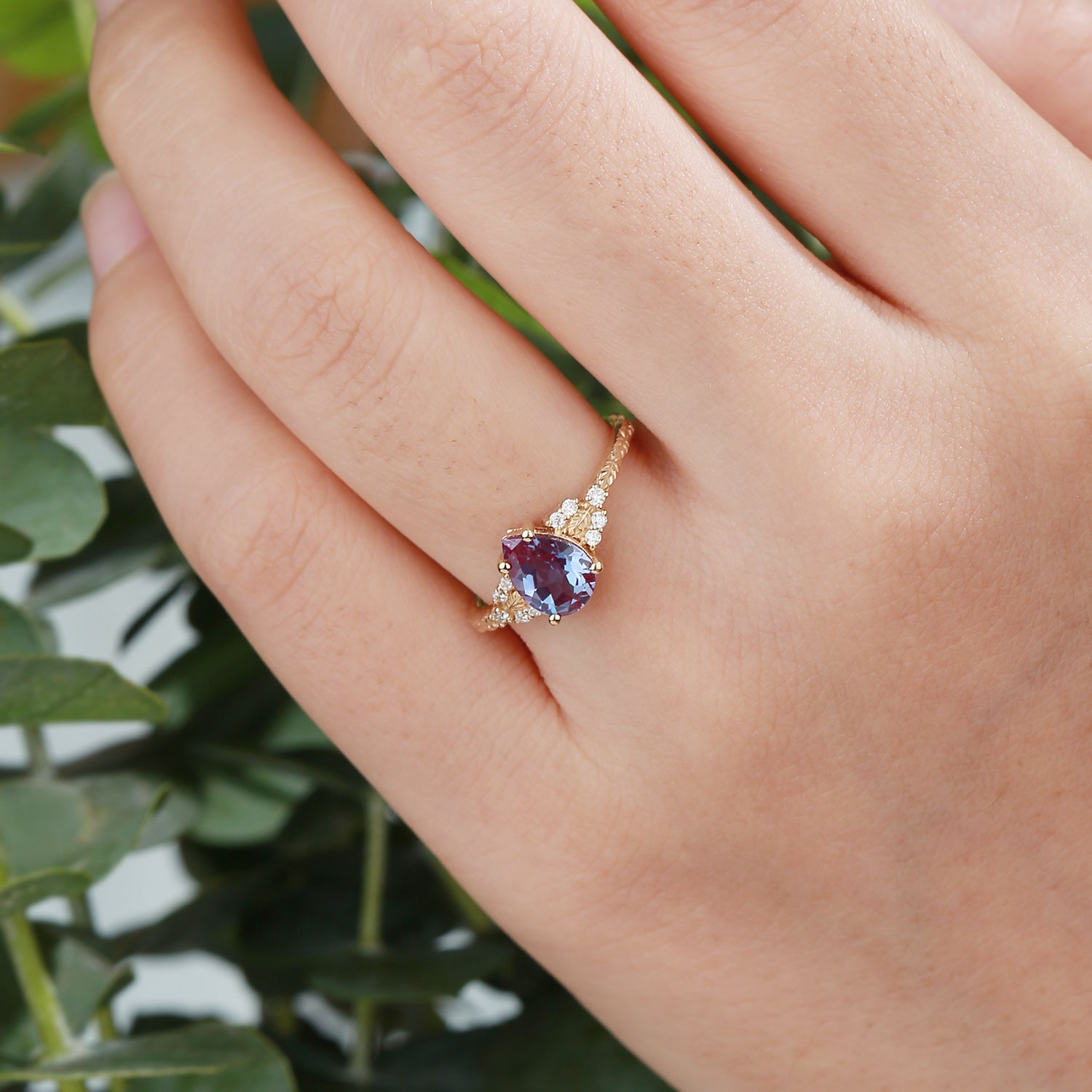Hortense -  Leaf Nature Inspired Pear Cut Lab Alexandrite Engagement Ring