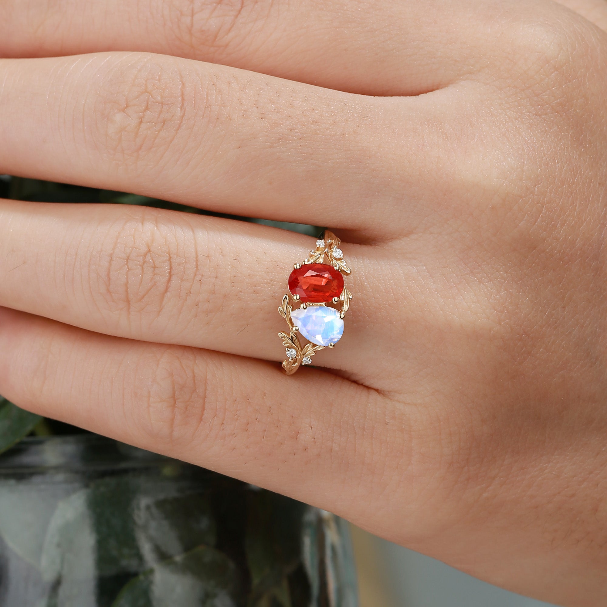 Isolde - Toi Et Moi Moonstone & Sunstone Leaf Two Stone Engagement Ring