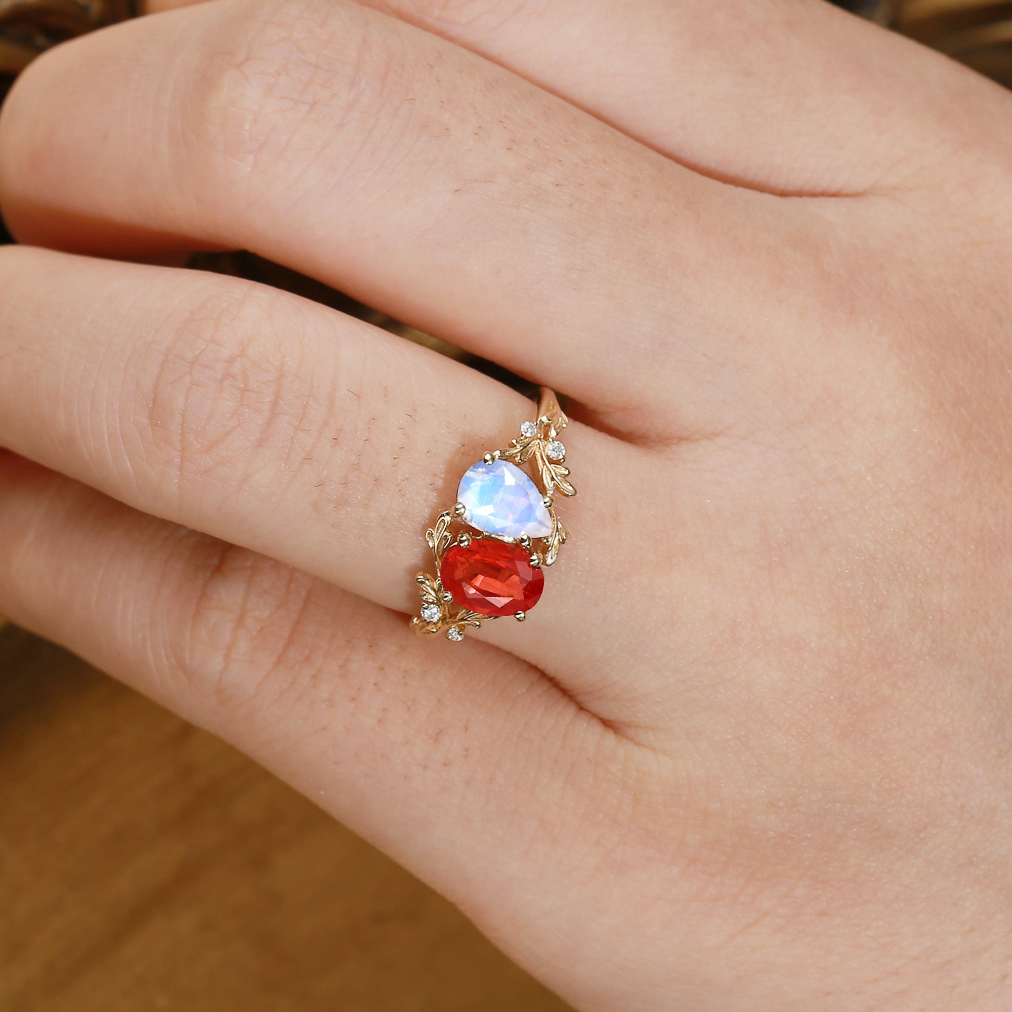 Isolde - Toi Et Moi Moonstone & Sunstone Leaf Two Stone Engagement Ring