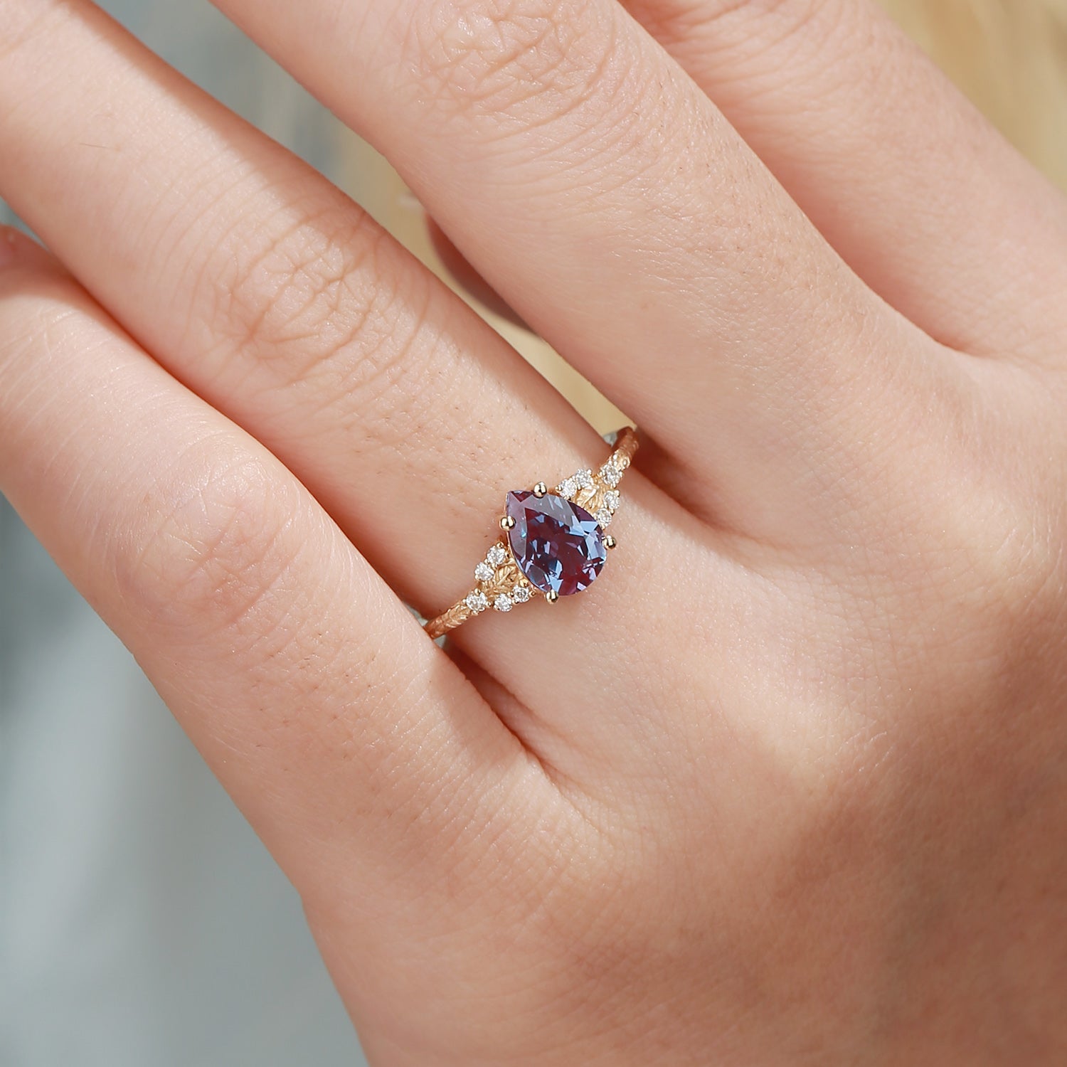 Hortense -  Leaf Nature Inspired Pear Cut Lab Alexandrite Engagement Ring
