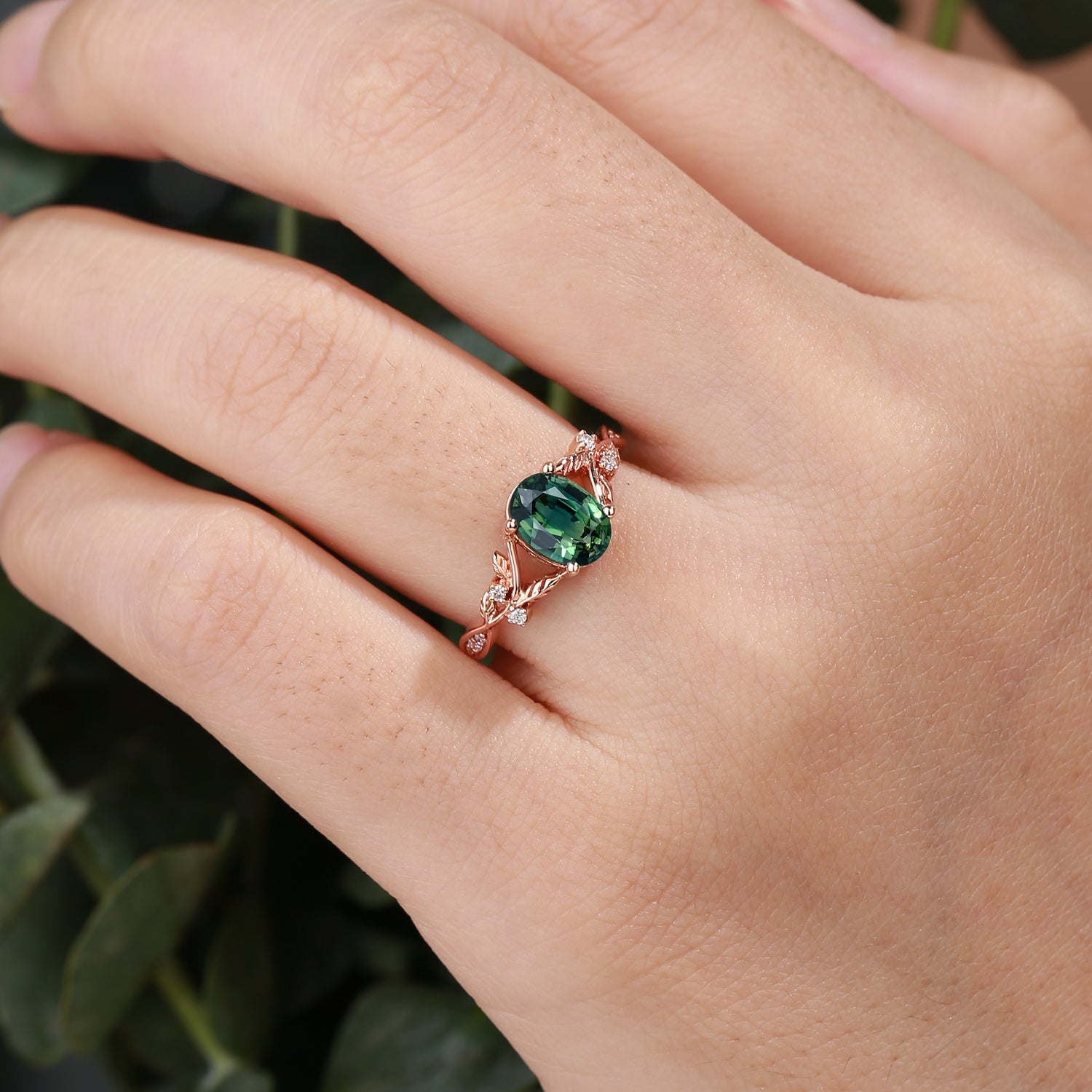 Bellamy - Natural Green Sapphire Leaf Engagement Ring